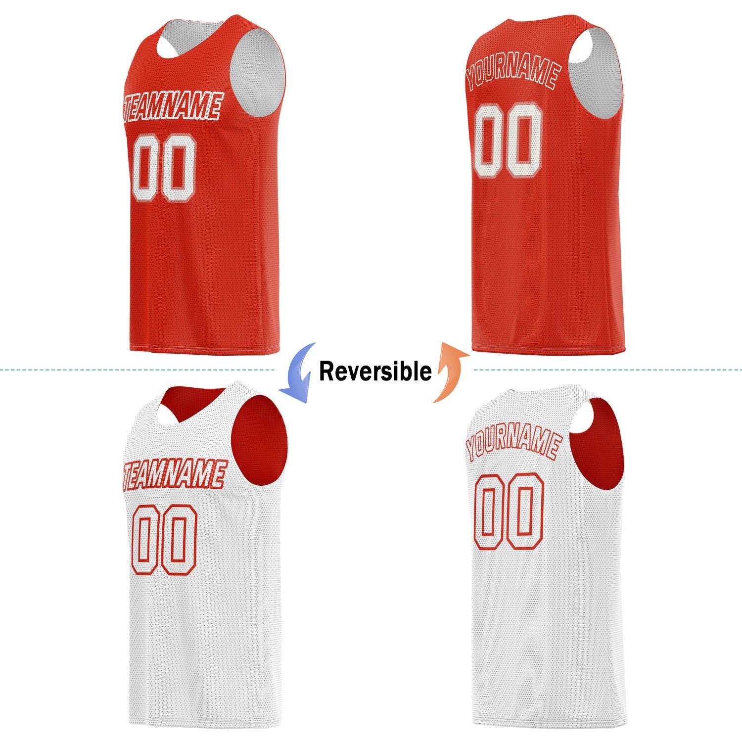 Custom reversible red & white basketball jersey, personalized team name number logo breathable mesh sports top for men women youth game practice wear - Vosoli