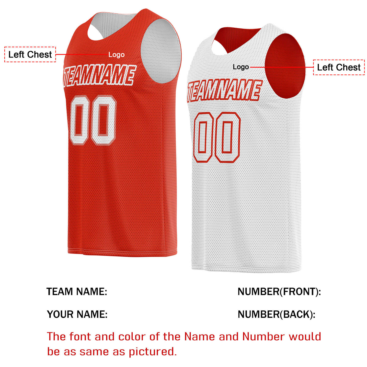 Custom Reversible Bright Red & White Basketball Jersey | Personalized Team Name & Number - Vosoli
