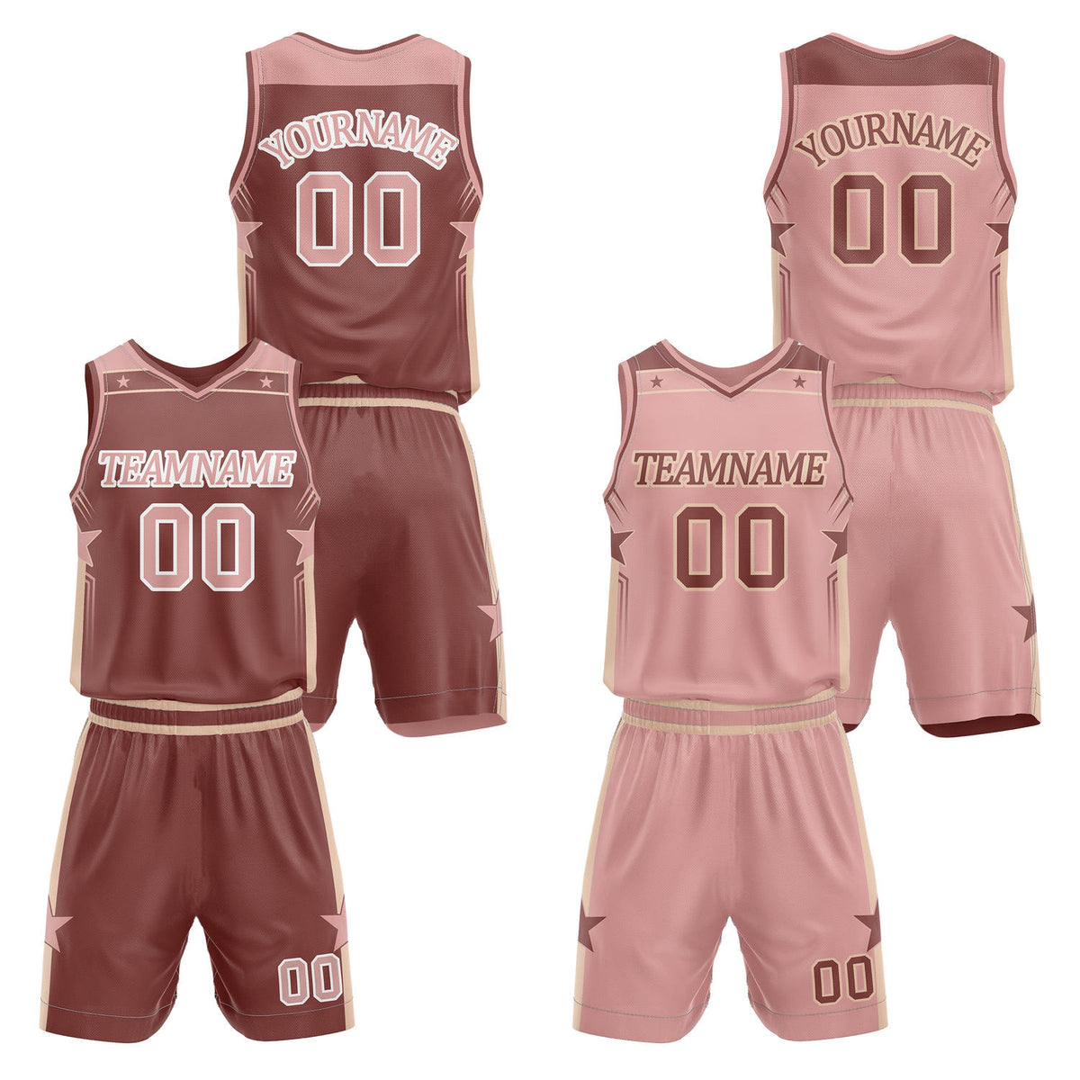 Custom reversible burgundy &amp; blush basketball uniform set, personalized with team name number and logo, breathable mesh fabric for men women youth game practice - Vosoli