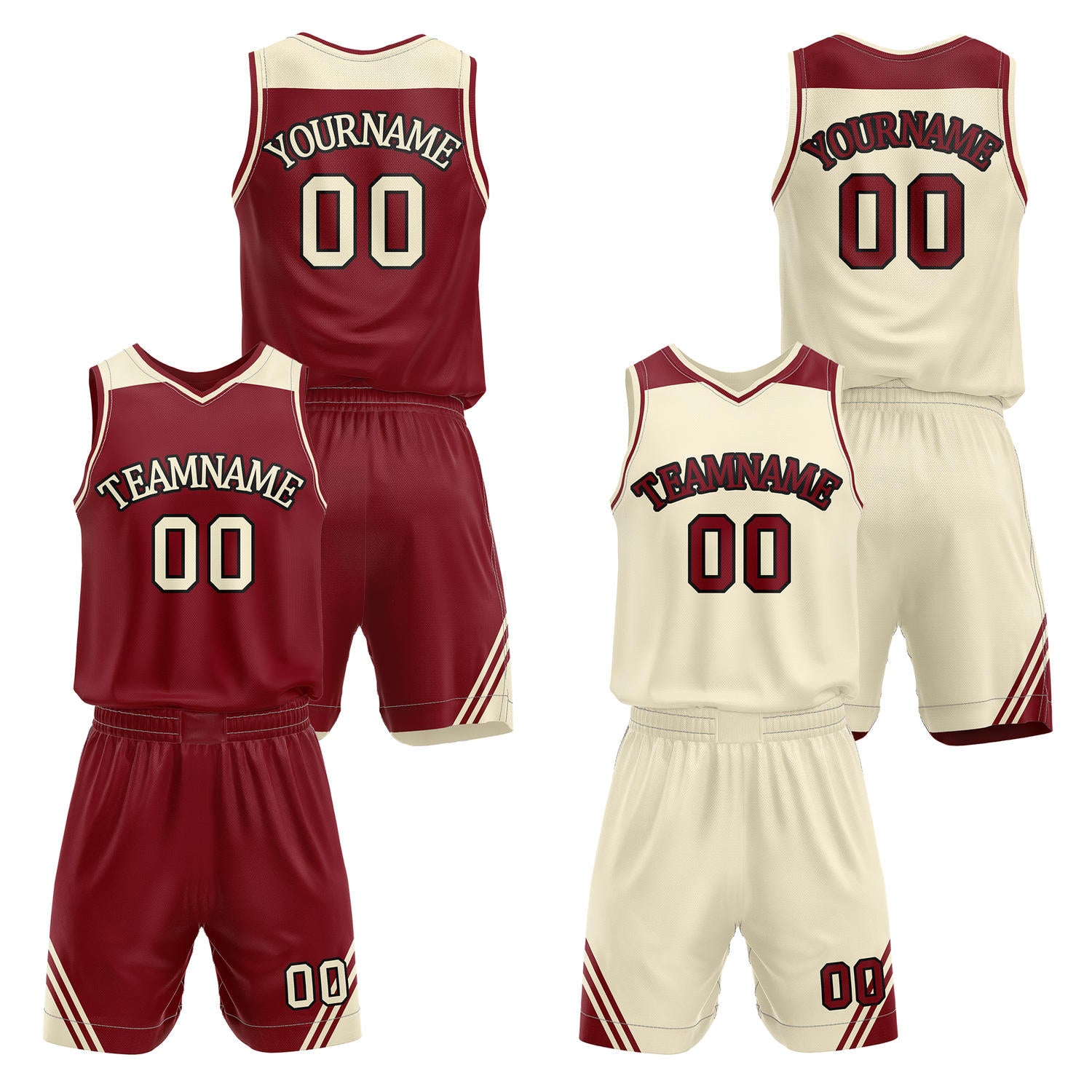 Custom reversible burgundy & cream basketball uniform set, personalized with team name number and logo, breathable mesh fabric for men women youth game practice - Vosoli