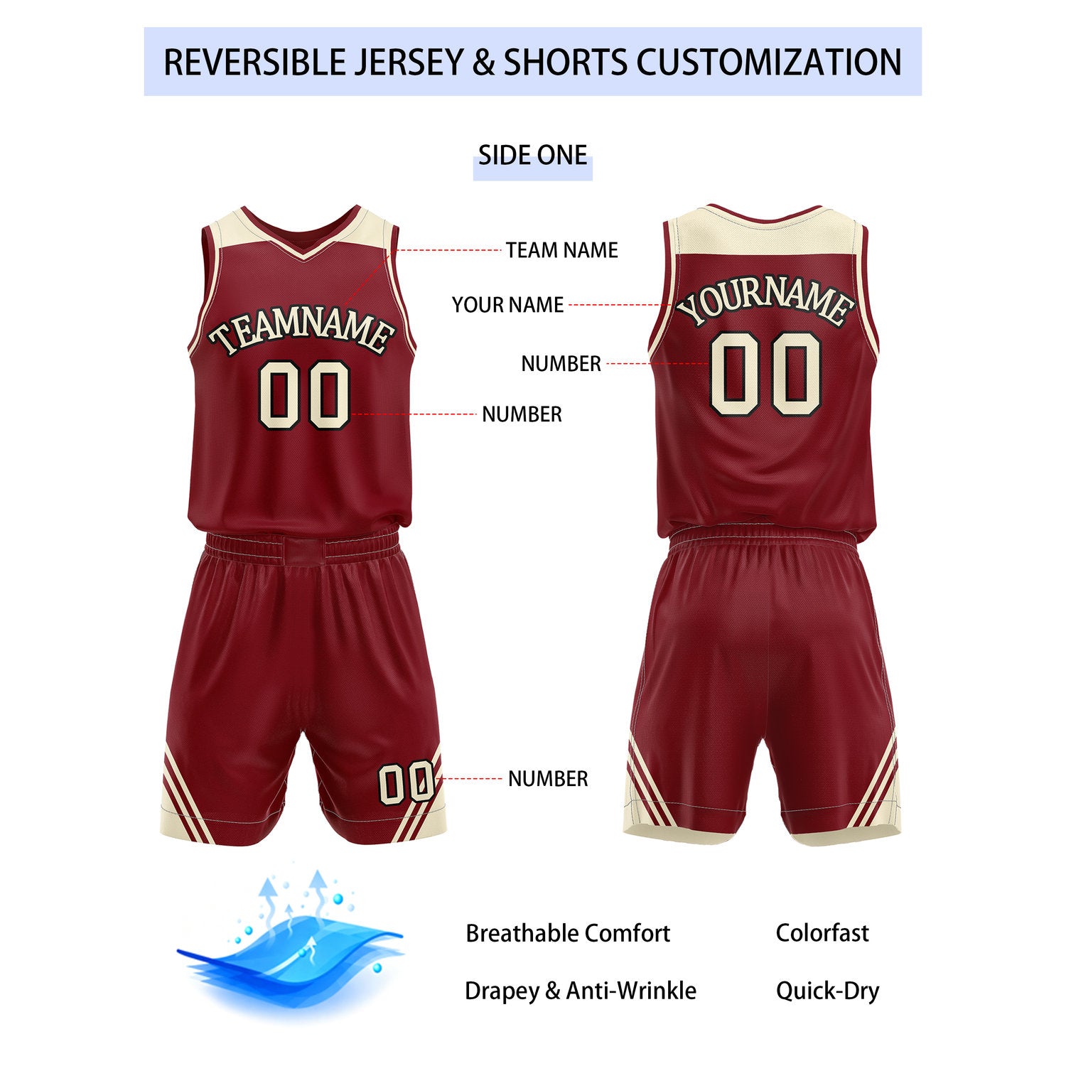 Custom reversible burgundy & cream basketball uniform set, personalized with team name number and logo, breathable mesh fabric for men women youth game practice - Vosoli