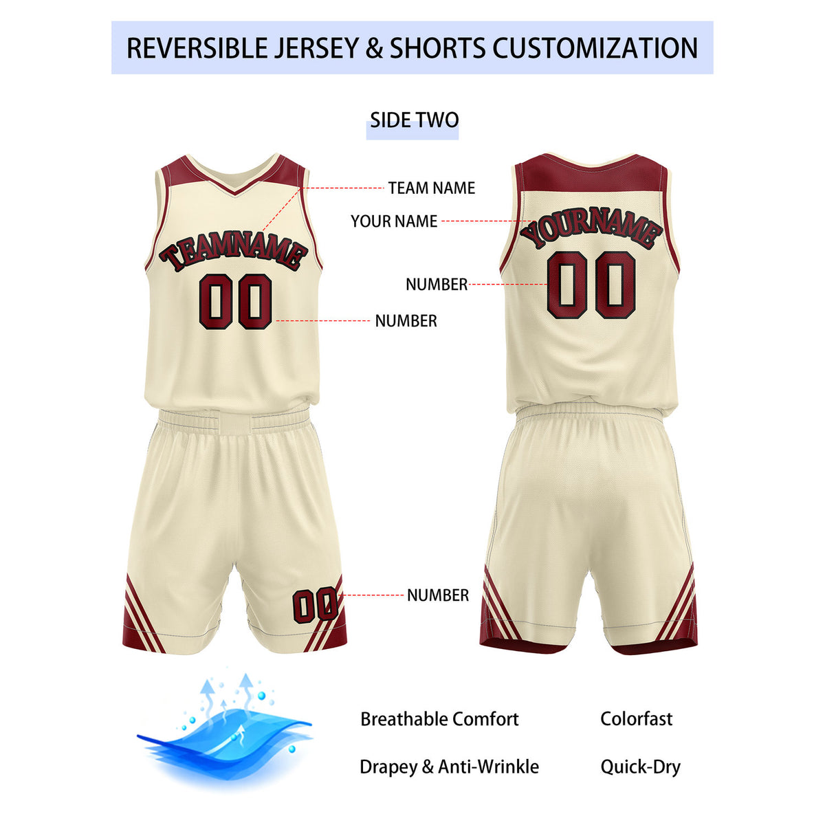 Custom Reversible Burgundy Cream Basketball Uniform Set | Team Name & Number - Vosoli