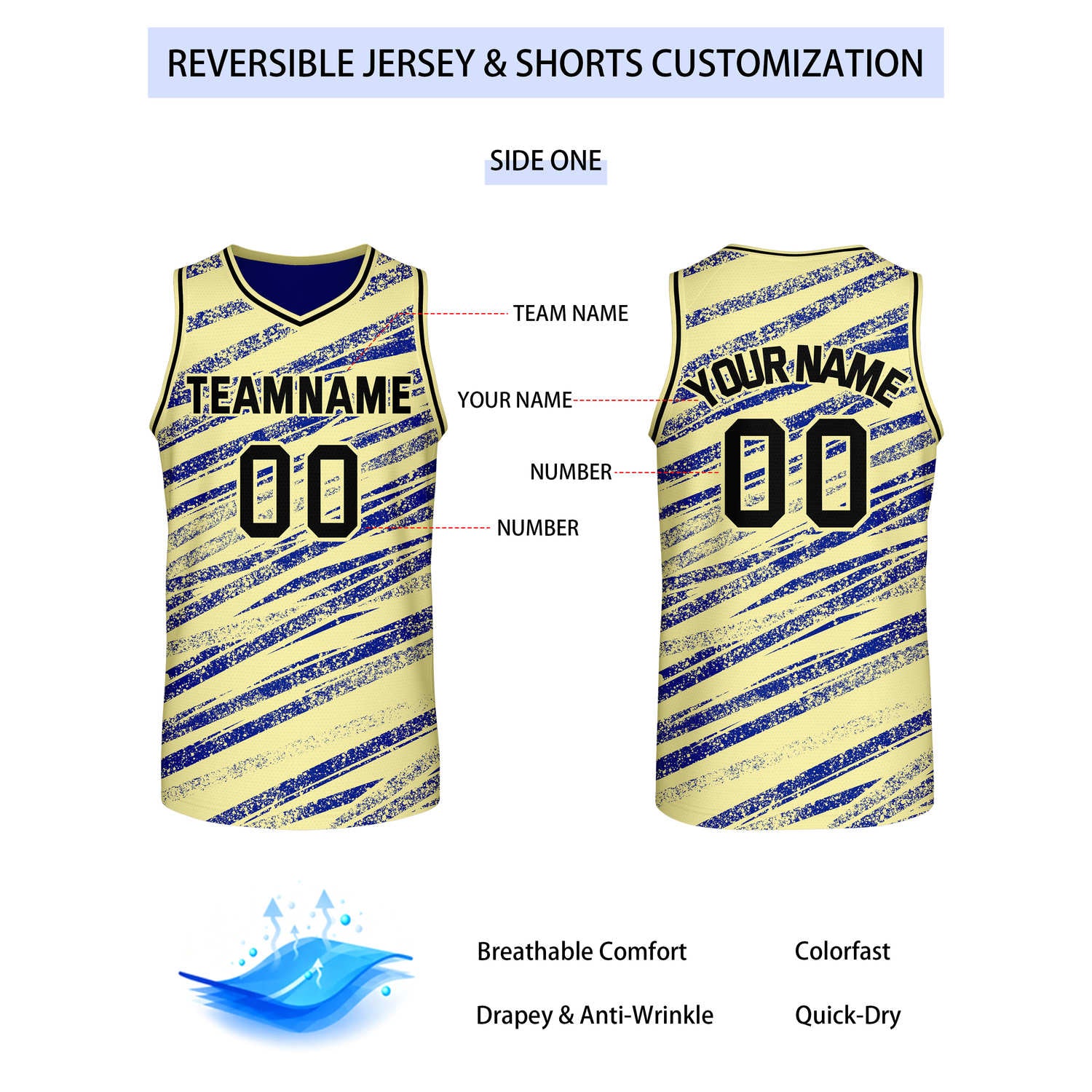 Custom Reversible Cream Blue Basketball Jersey | Team & Player Name - Vosoli