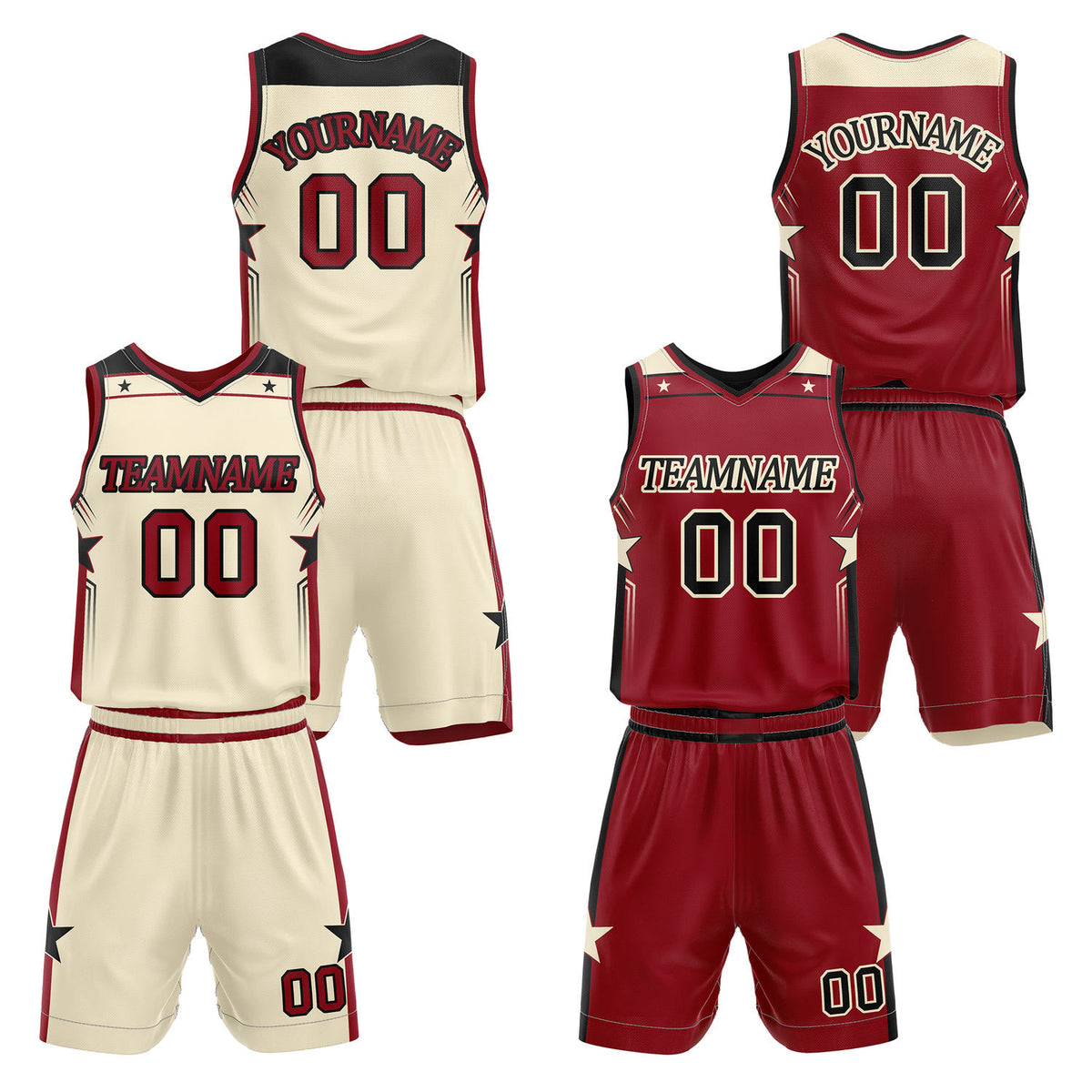 Custom reversible cream &amp; burgundy basketball uniform set, personalized with team name number and logo, breathable mesh fabric for men women youth game practice - Vosoli