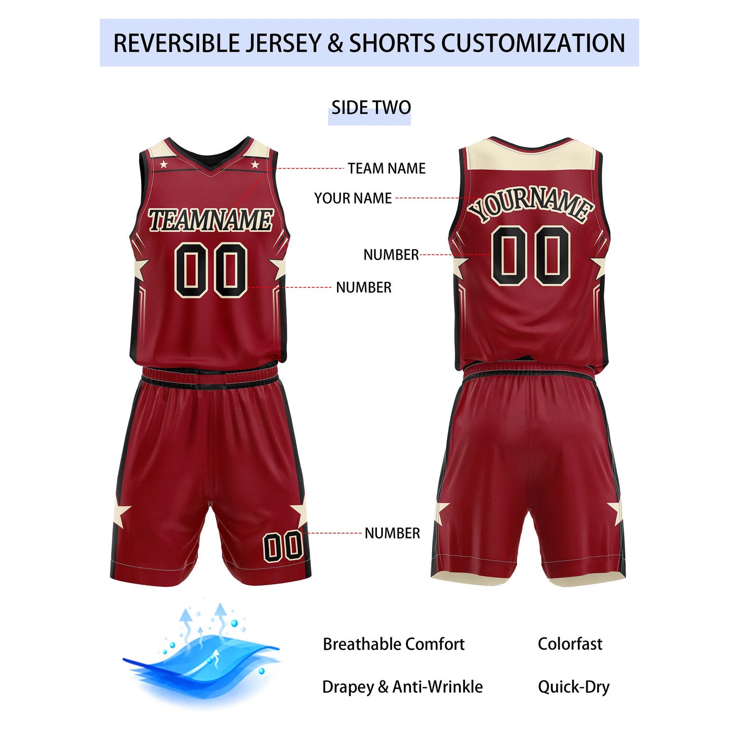 Custom Reversible Cream Burgundy Star Basketball Uniform Set | Team Name & Number - Vosoli
