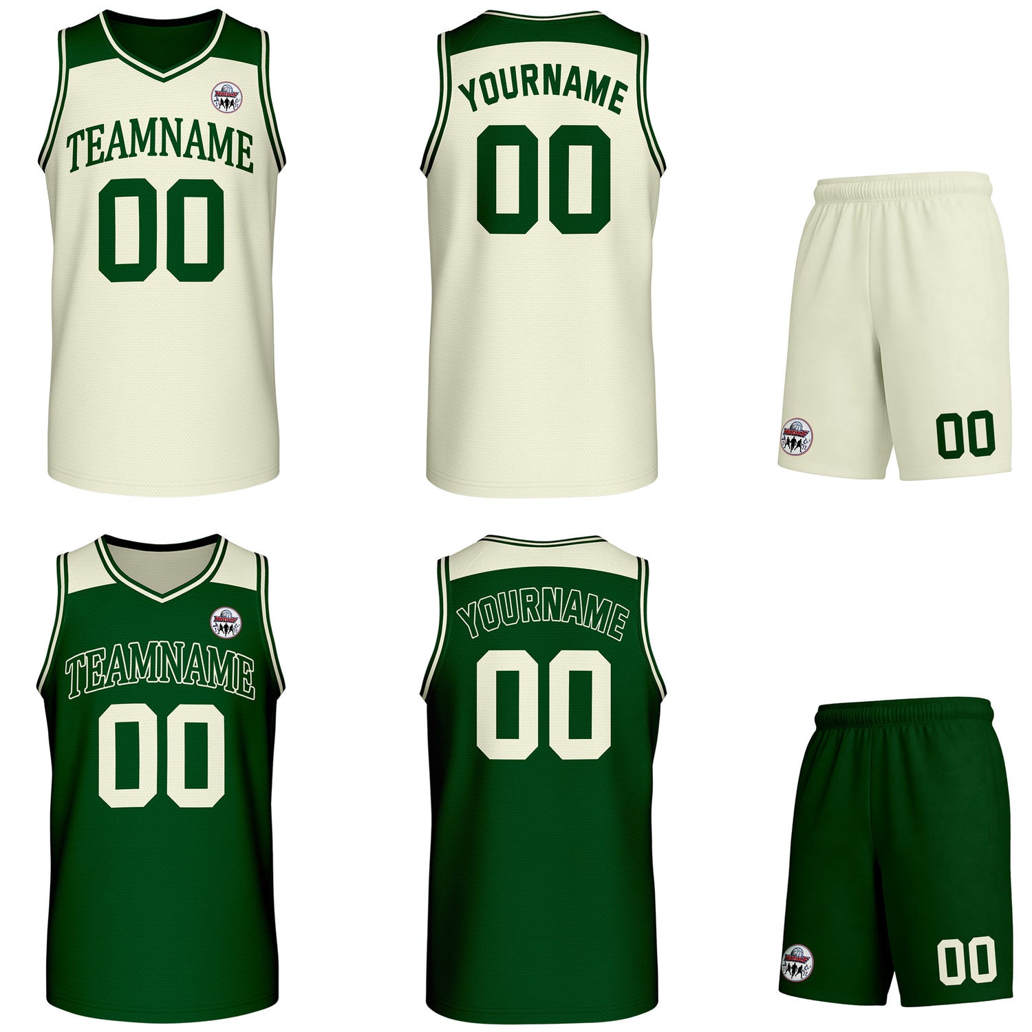 Custom reversible cream & dark green basketball uniform set, personalized with team name number and logo, breathable mesh fabric for men women youth game practice - Vosoli