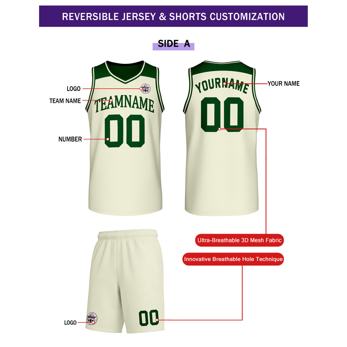 Custom Reversible Cream Dark Green Basketball Uniform Set | Team Name & Number - Vosoli