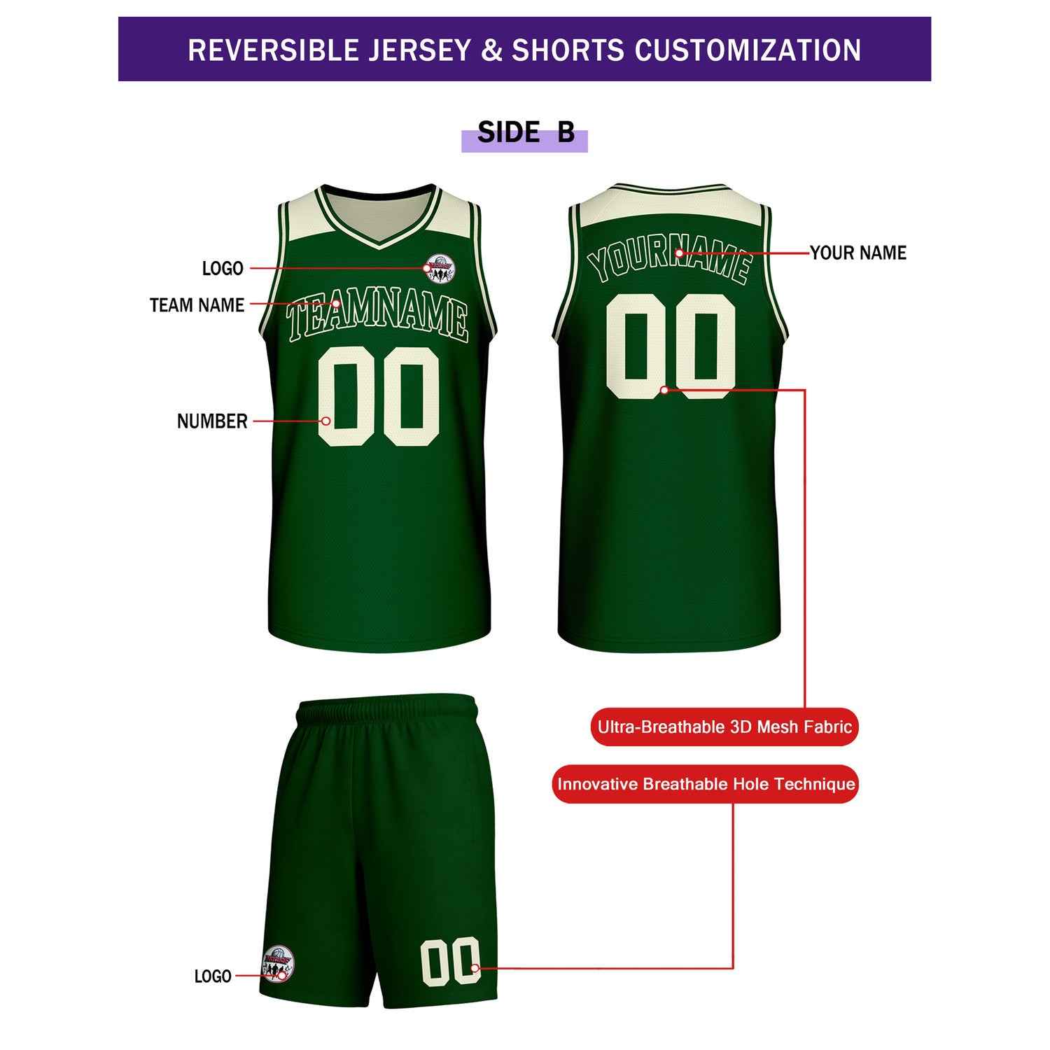 Custom Reversible Cream Dark Green Basketball Uniform Set | Team Name & Number - Vosoli