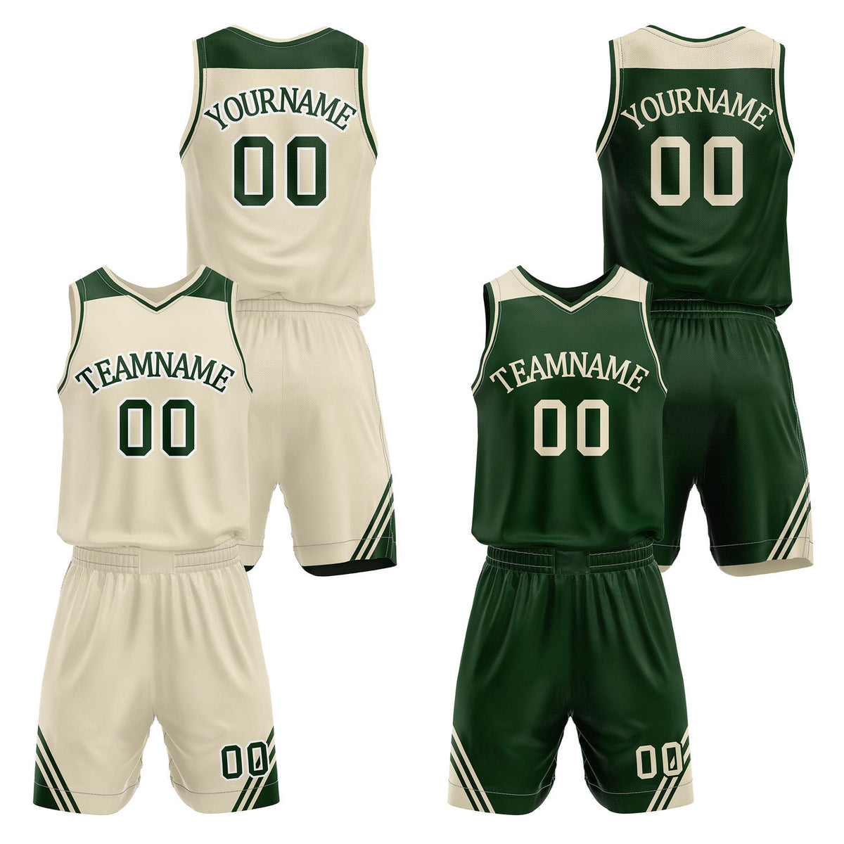 Custom reversible cream &amp; forest green basketball uniform set, personalized with team name number and logo, breathable mesh fabric for men women youth game practice - Vosoli