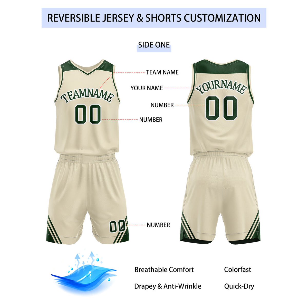 Custom Reversible Cream Forest Green Basketball Uniform Set | Team Name & Number - Vosoli