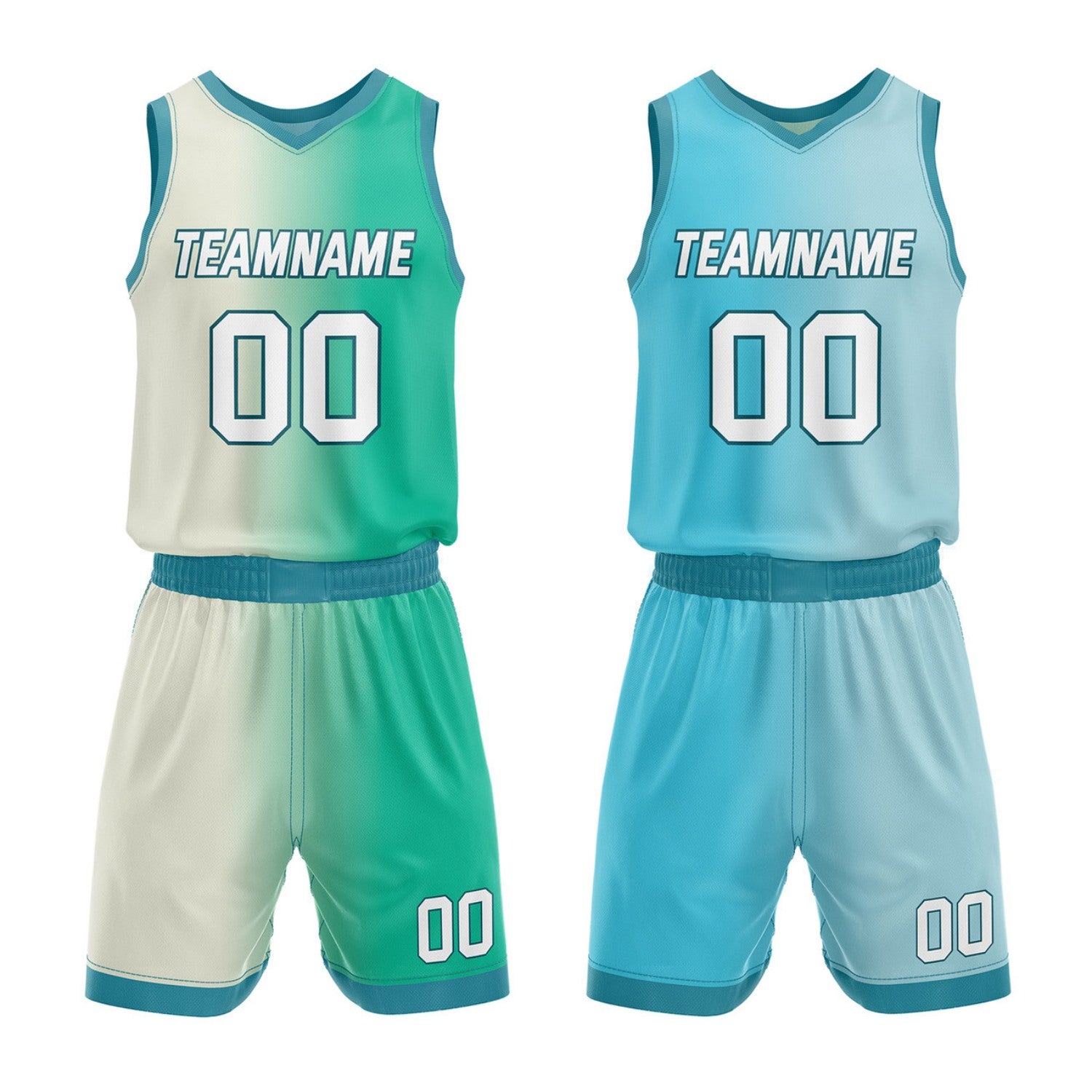 Custom Reversible Cream Green Blue Basketball Uniform Set | Team & Player Name - Vosoli