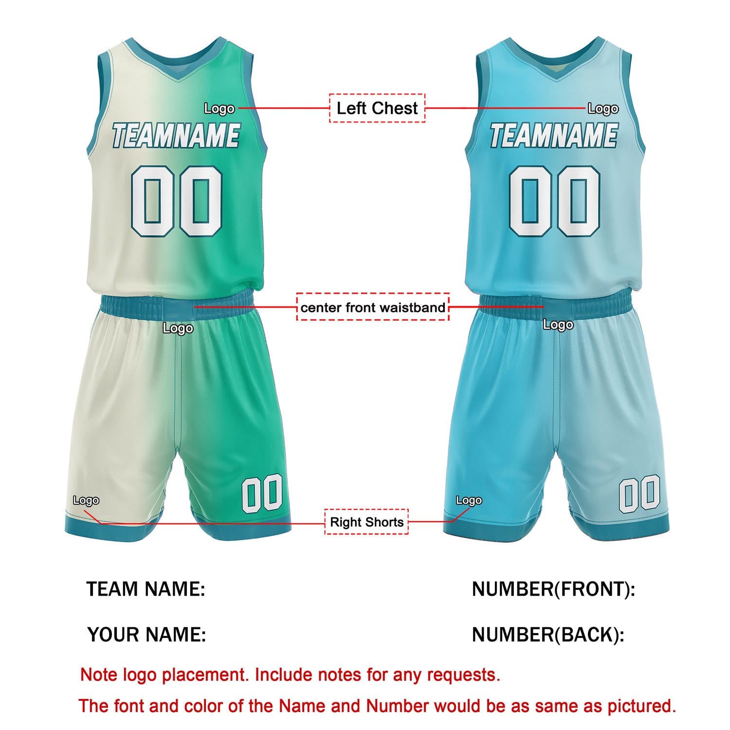 Custom Reversible Cream Green Blue Basketball Uniform Set | Team & Player Name - Vosoli