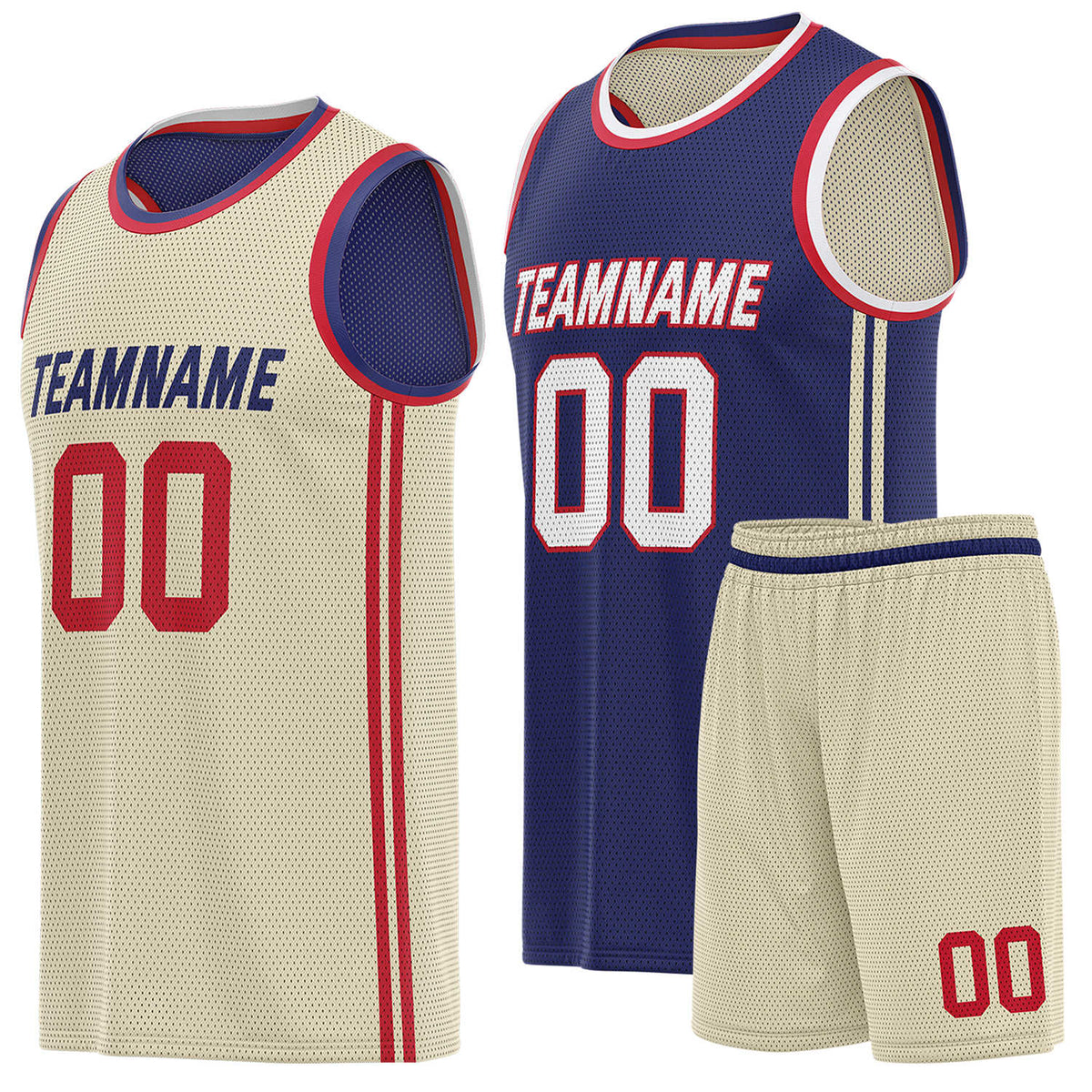 Custom reversible cream &amp; navy basketball uniform (jersey + shorts), personalized team name number logo breathable mesh sports set for men women youth game practice - Vosoli