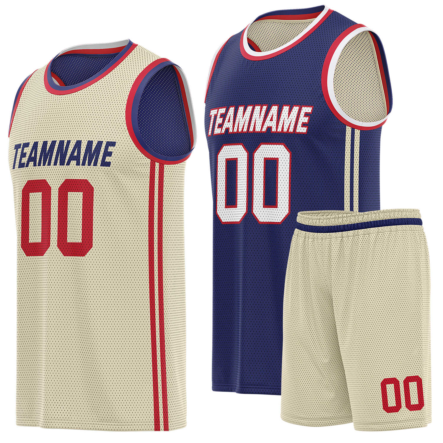 Custom reversible cream & navy basketball uniform (jersey + shorts), personalized team name number logo breathable mesh sports set for men women youth game practice - Vosoli