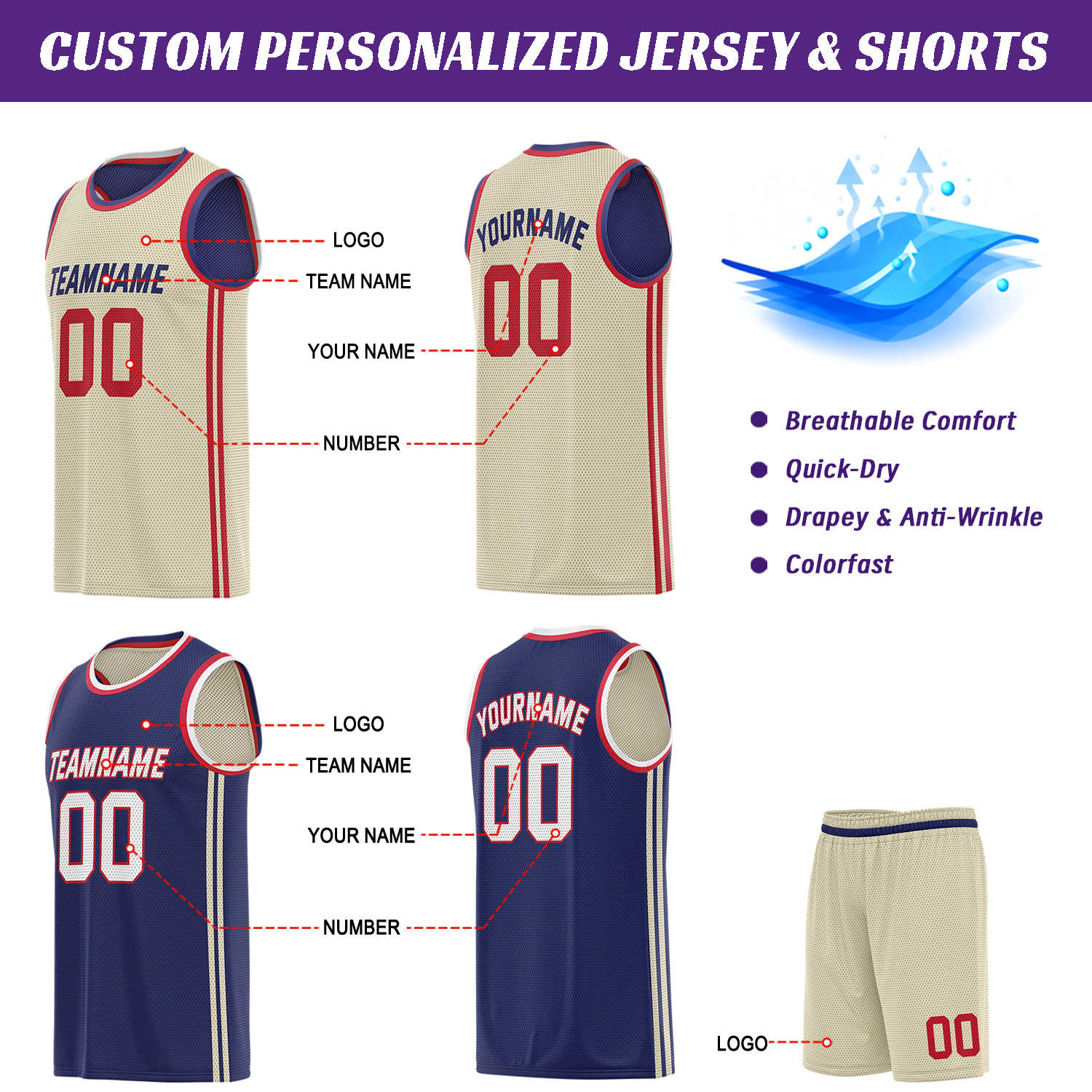 Custom reversible cream & navy basketball uniform (jersey + shorts), personalized team name number logo breathable mesh sports set for men women youth game practice - Vosoli