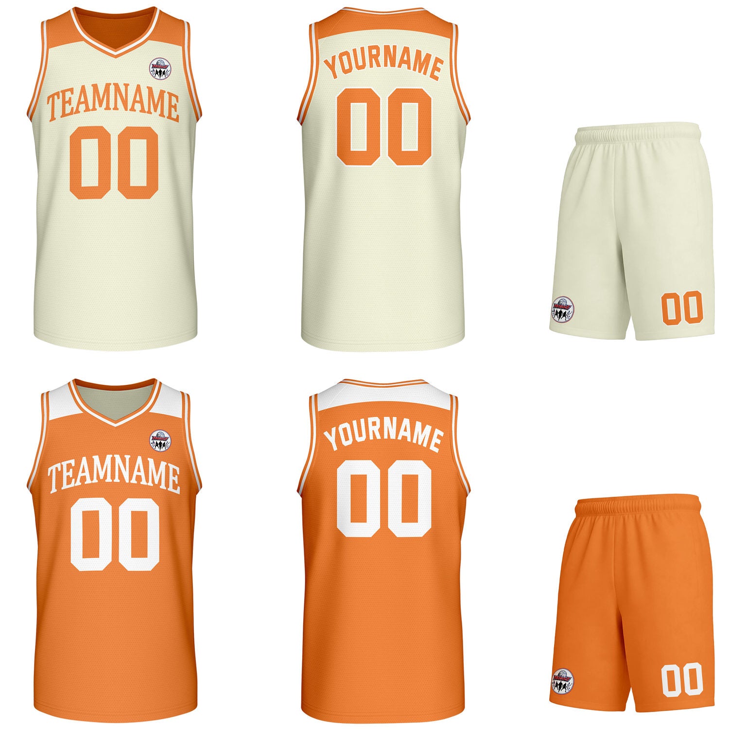Custom reversible cream & orange basketball uniform set, personalized with team name number and logo, breathable mesh fabric for men women youth game practice - Vosoli