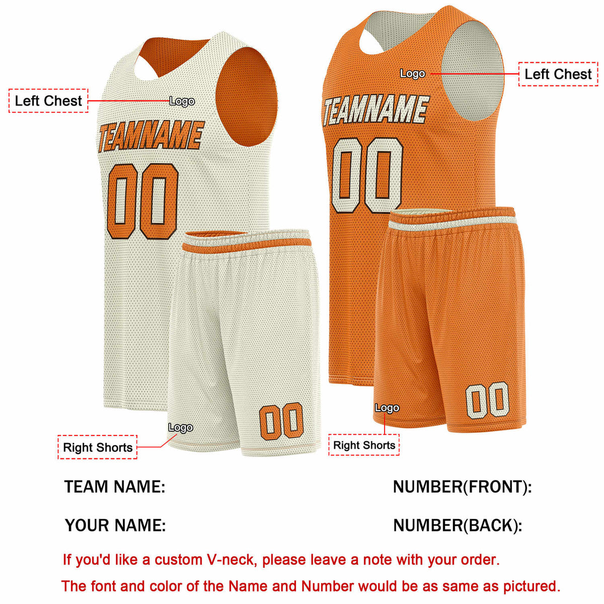 Custom Reversible Cream Orange Basketball Uniform Set | Team Name & Number - Vosoli