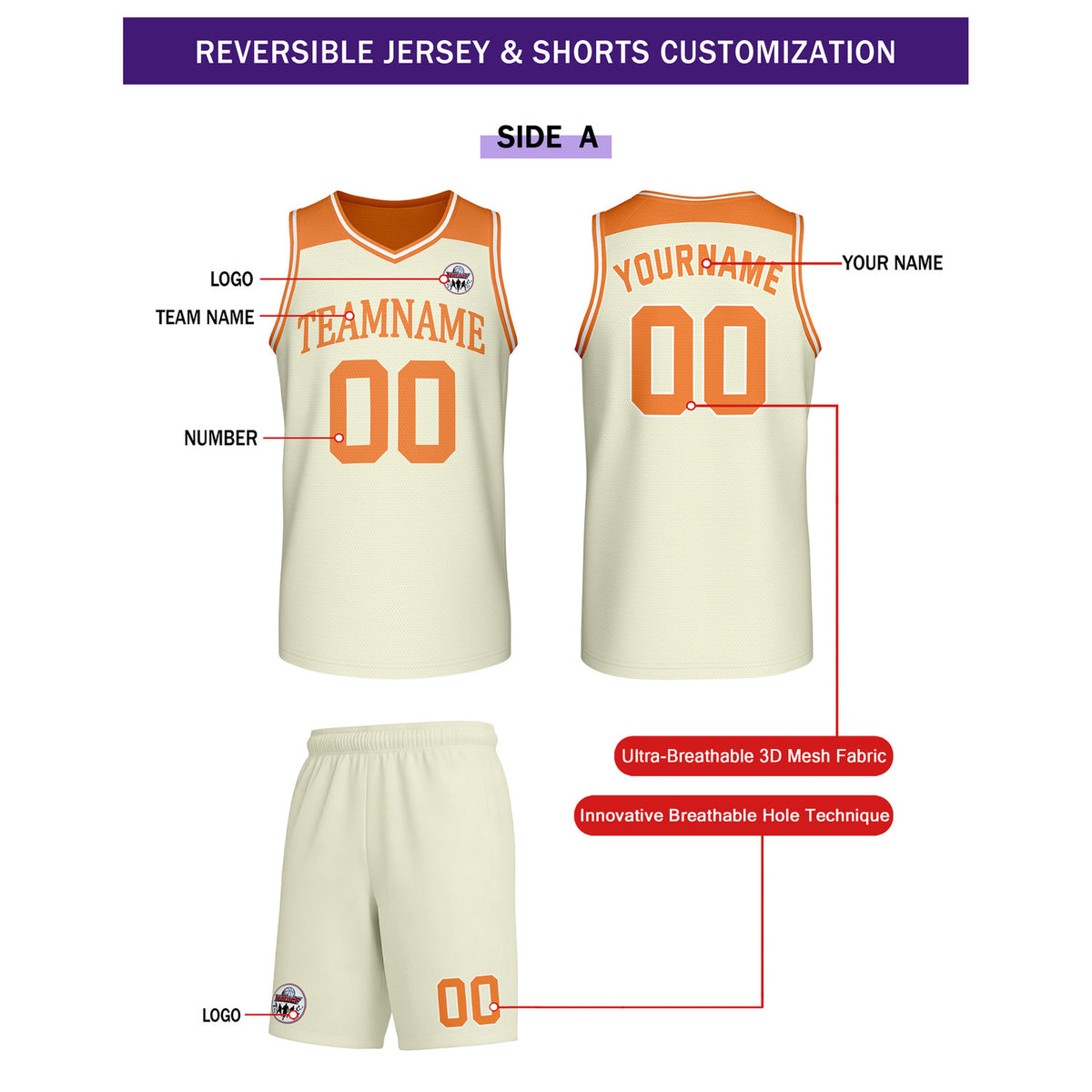 Custom Reversible Cream Orange Basketball Uniform Set | Team Name & Number - Vosoli