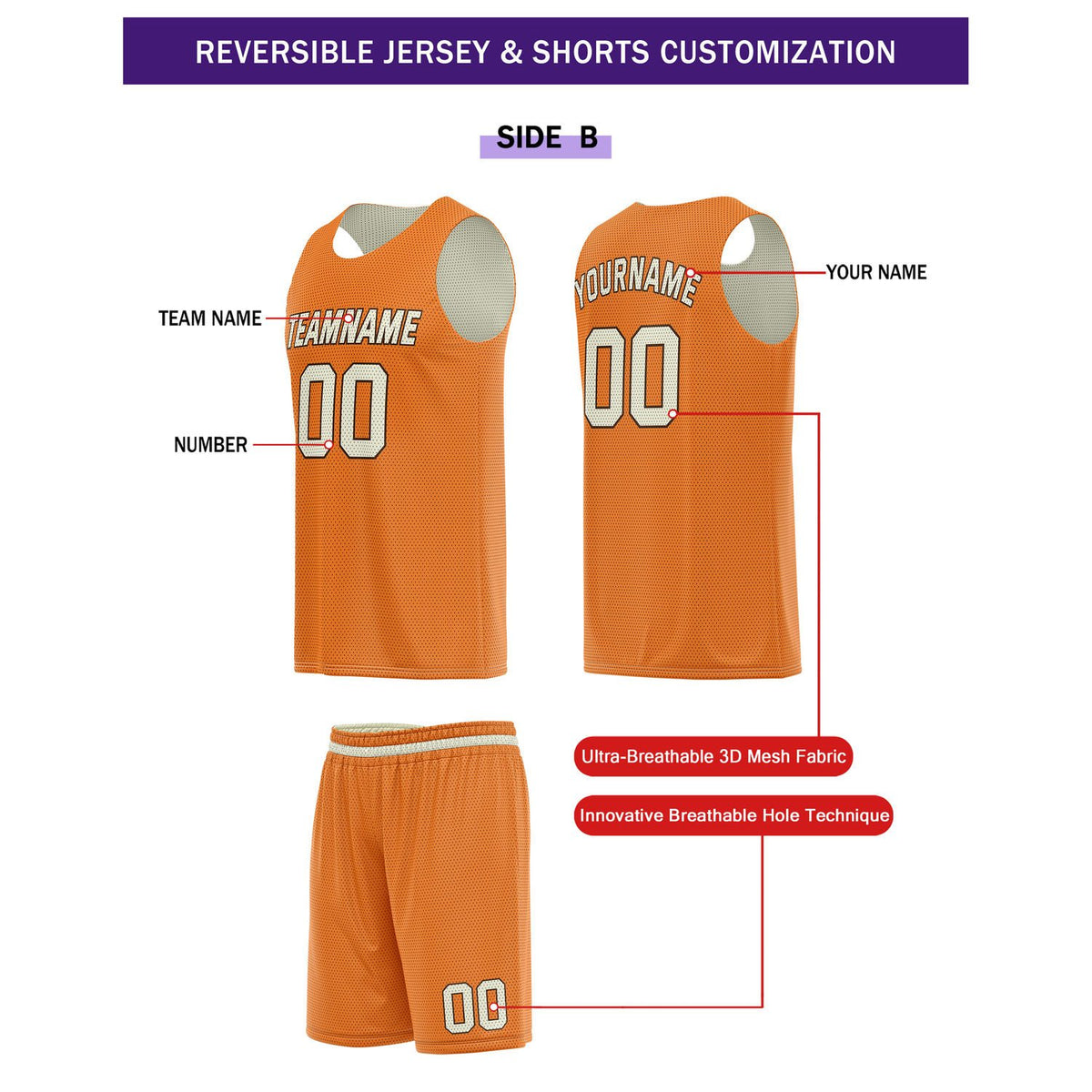 Custom Reversible Cream Orange Basketball Uniform Set | Team Name & Number - Vosoli