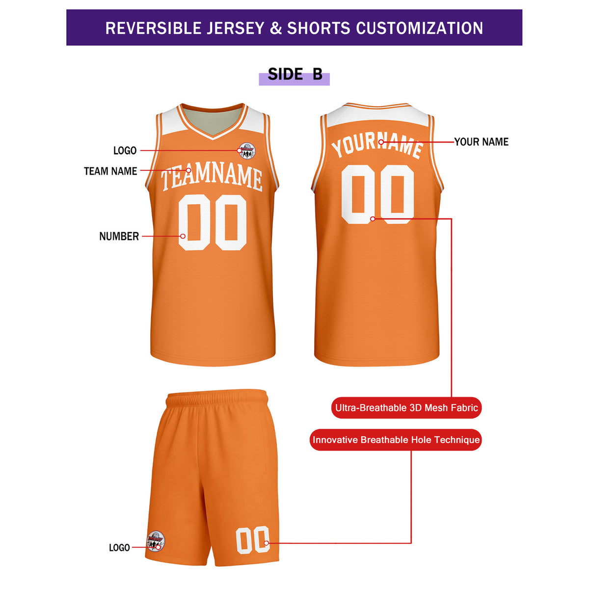Custom Reversible Cream Orange Basketball Uniform Set | Team Name & Number - Vosoli