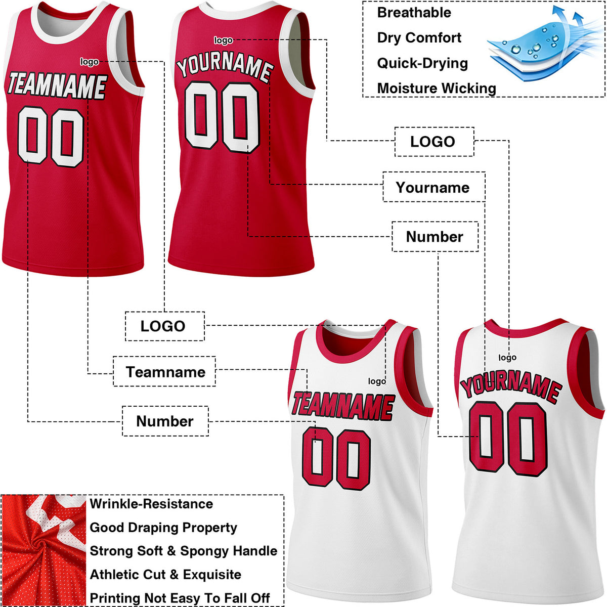 Custom Reversible Crimson & White Basketball Jersey | Personalized Team Jersey | Vosoli