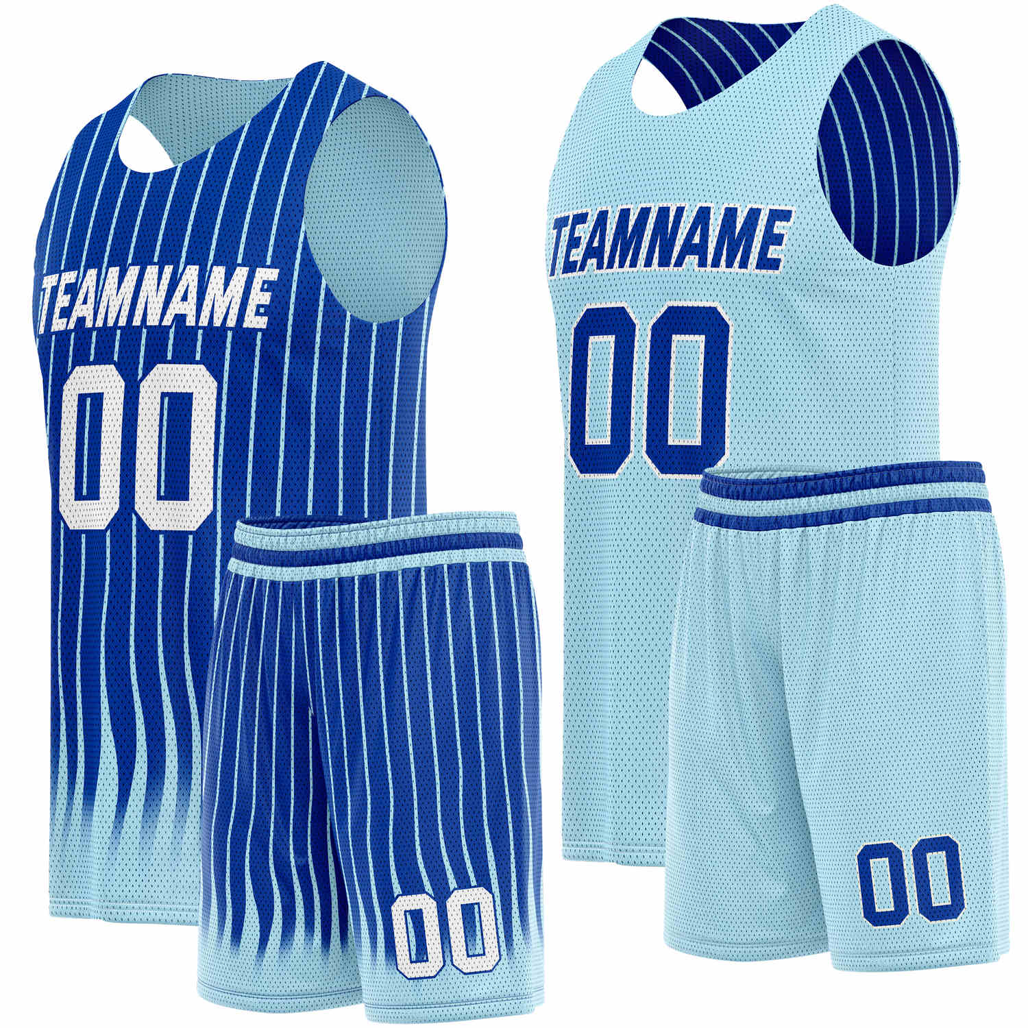 Custom Reversible Basketball Jersey + Shorts Set (Dark Blue & Light Blue Stripe) - Personalized Team Name, Number & LOGO | Vosoli