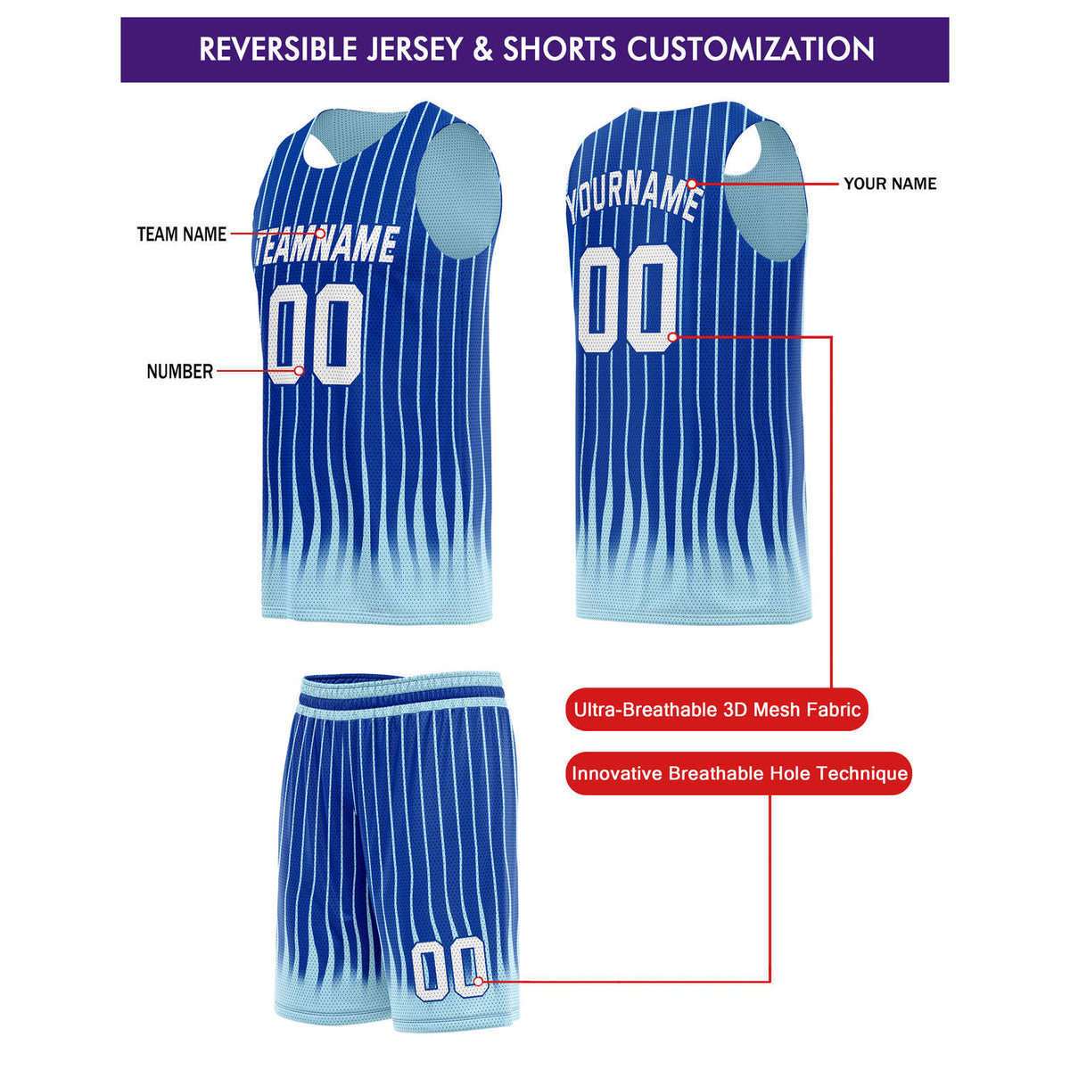 Custom Reversible Basketball Jersey + Shorts Set (Dark Blue & Light Blue Stripe) - Personalized Team Name, Number & LOGO | Vosoli