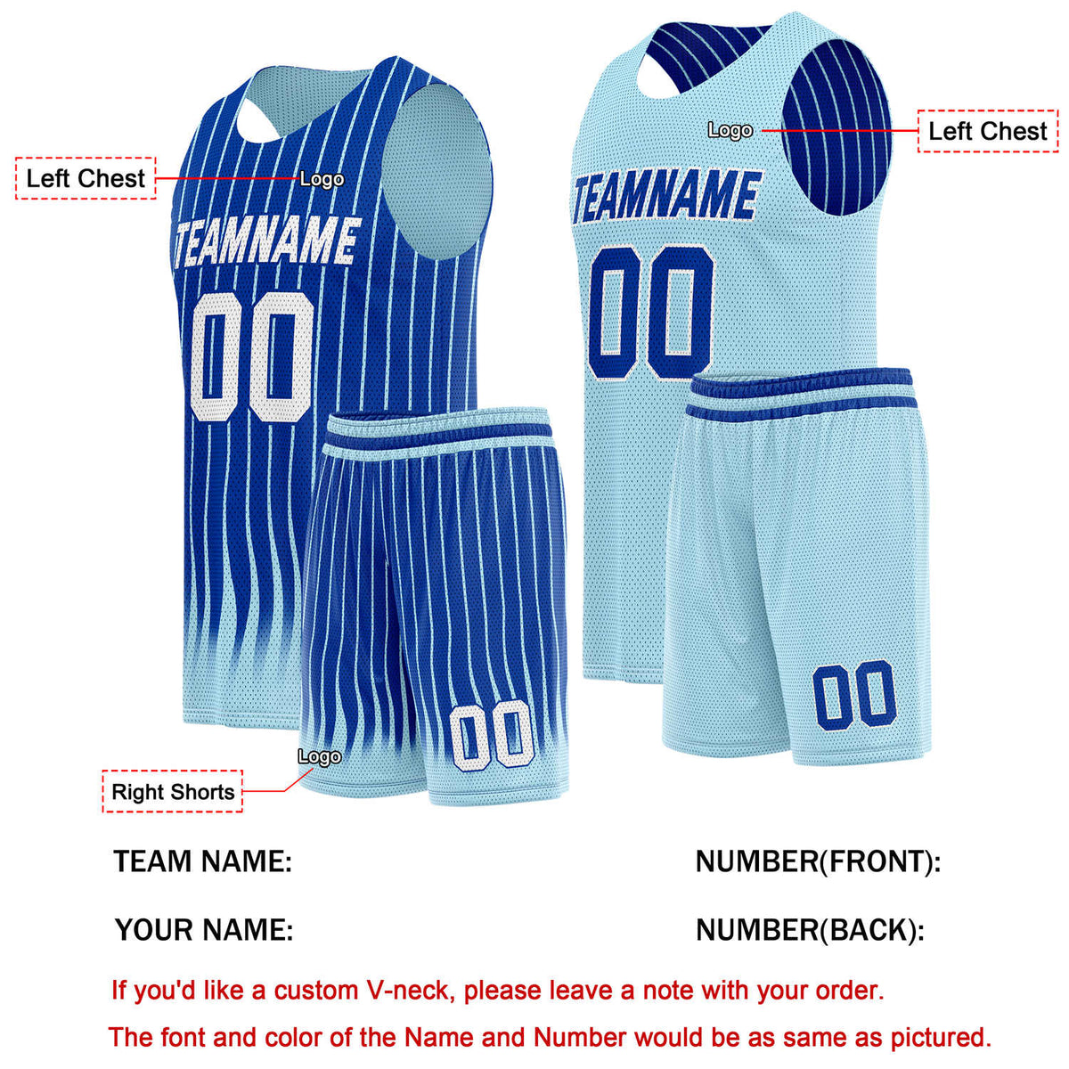 Custom Reversible Basketball Jersey + Shorts Set (Dark Blue & Light Blue Stripe) - Personalized Team Name, Number & LOGO | Vosoli