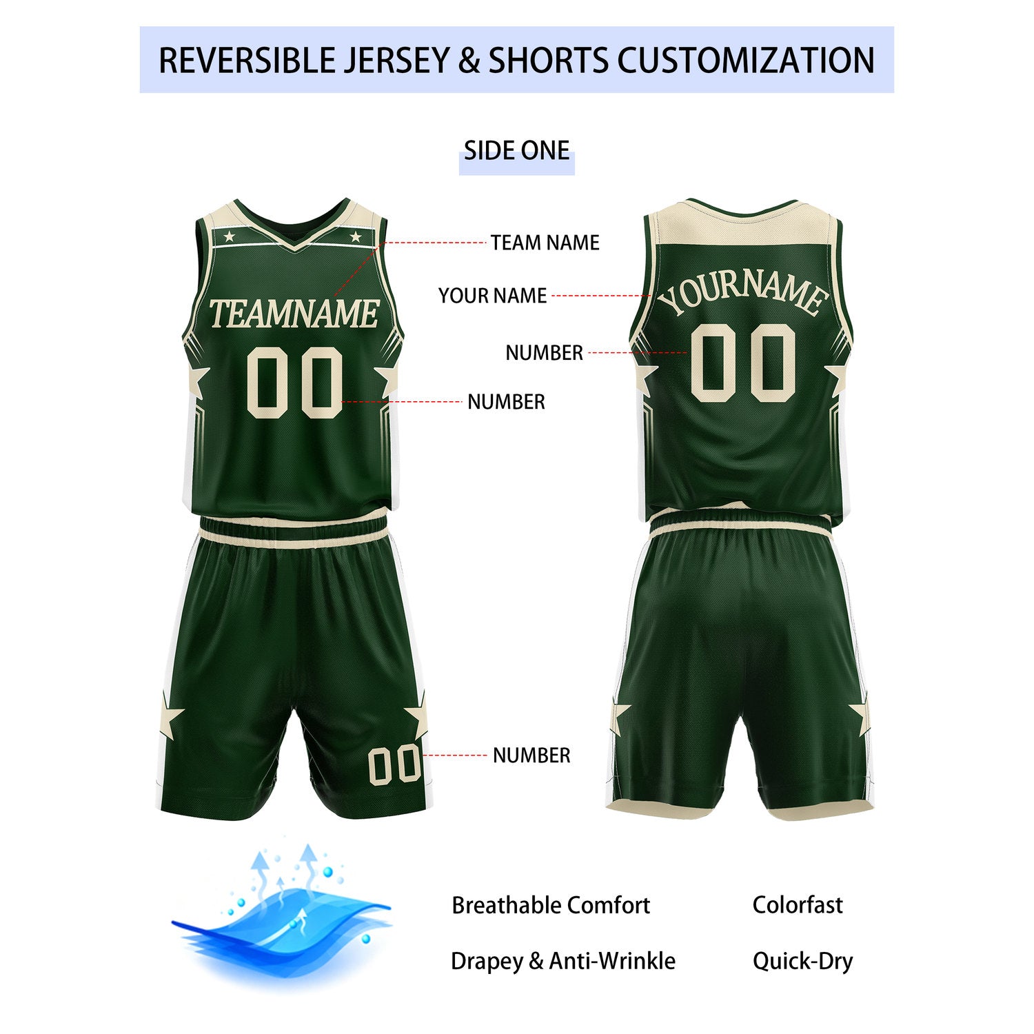 Custom Reversible Dark Green Beige Star Basketball Uniform Set | Team Name & Number - Vosoli