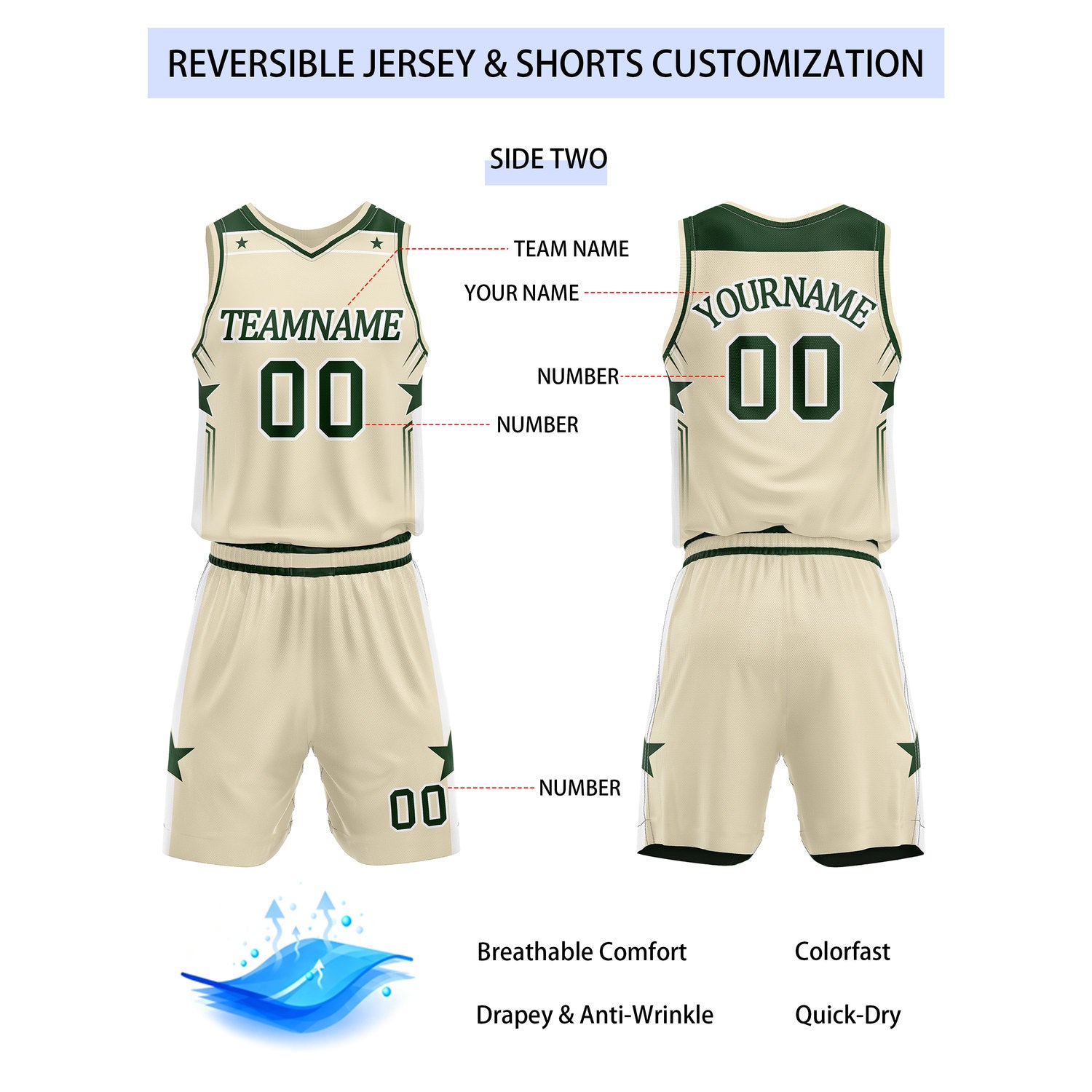 Custom Reversible Dark Green Beige Star Basketball Uniform Set | Team Name & Number - Vosoli