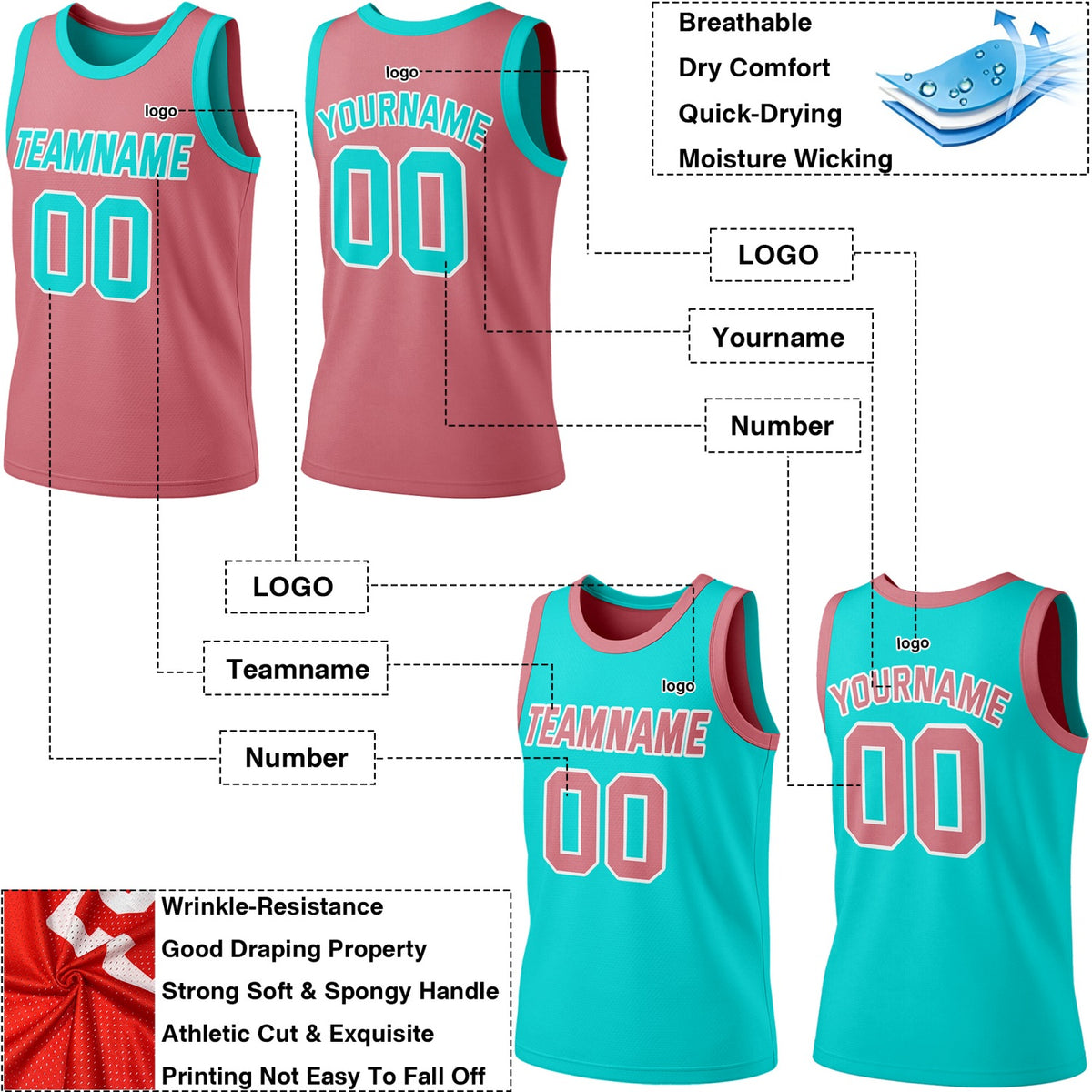 Custom Reversible Dusty Pink & Teal Basketball Jersey | Personalized Team Jersey | Vosoli