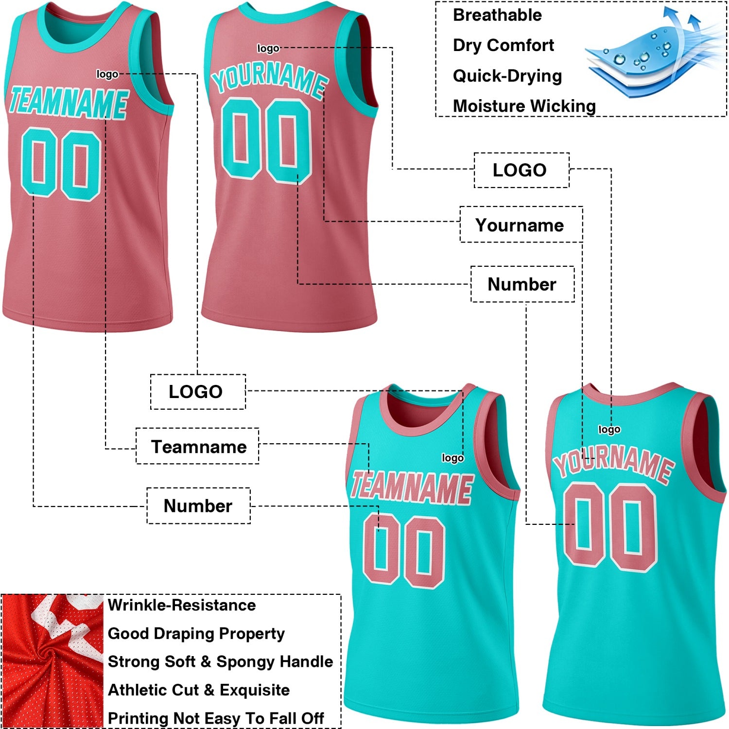Custom Reversible Dusty Pink & Teal Basketball Jersey | Personalized Team Jersey | Vosoli