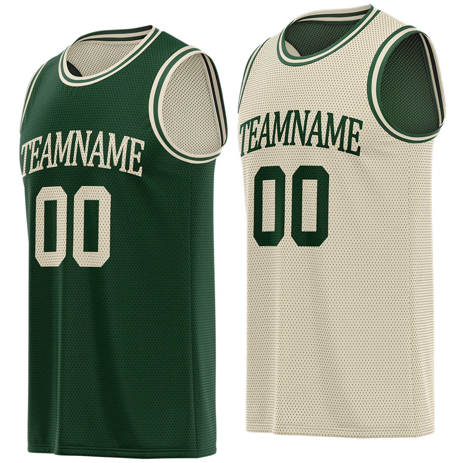 Custom reversible green & cream basketball jersey, personalized team name number logo breathable mesh sports top for men women youth game practice - Vosoli