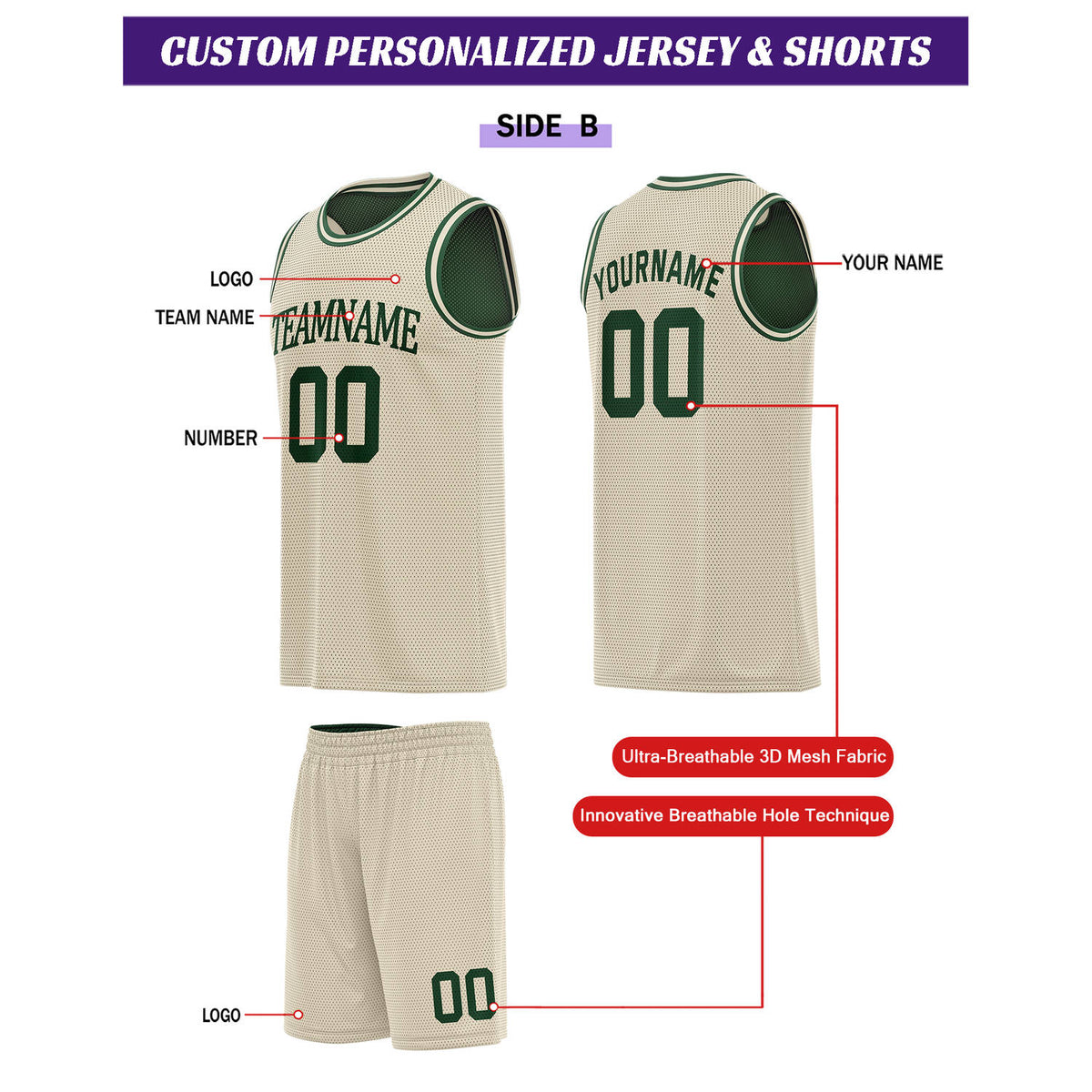 Custom Reversible Forest Green & Cream Basketball Uniform Set | Personalized for Team Sports Practice - Vosoli