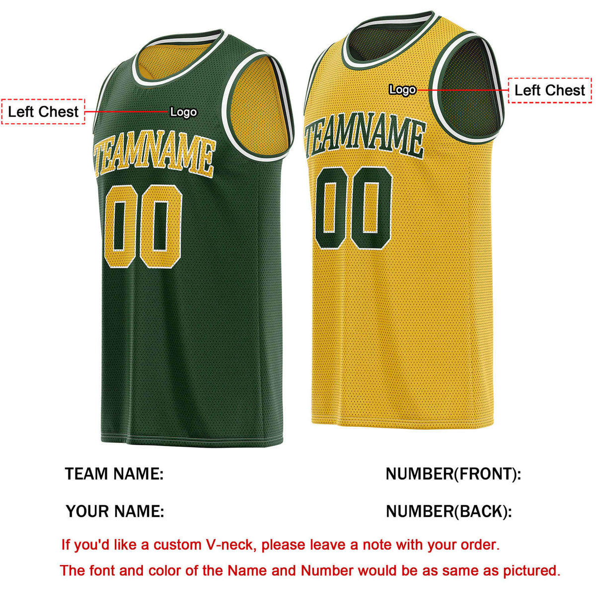 Custom Reversible Forest Green & Gold Basketball Jersey | Personalized Team Name & Number - Vosoli