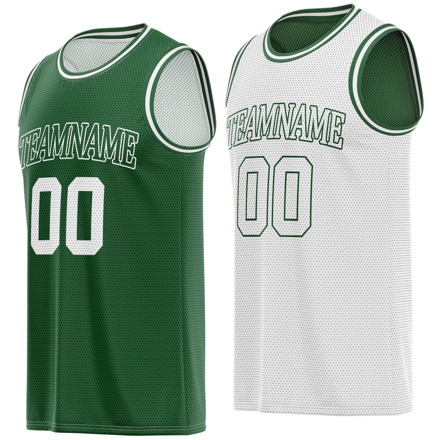 Custom reversible green & white basketball jersey, personalized team name number logo breathable mesh sports top for men women youth game practice - Vosoli
