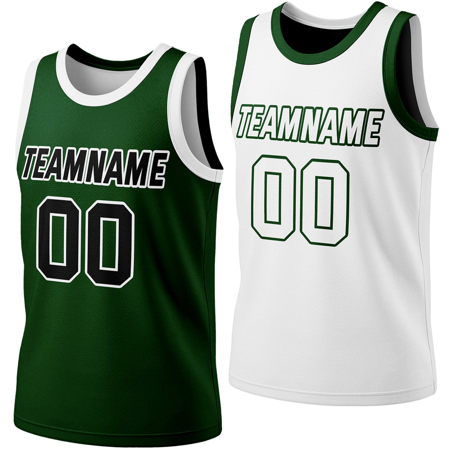 Custom reversible forest green & white basketball jersey, personalized team name number logo, breathable mesh fabric sports top for men women youth Adult game practice - Vosoli