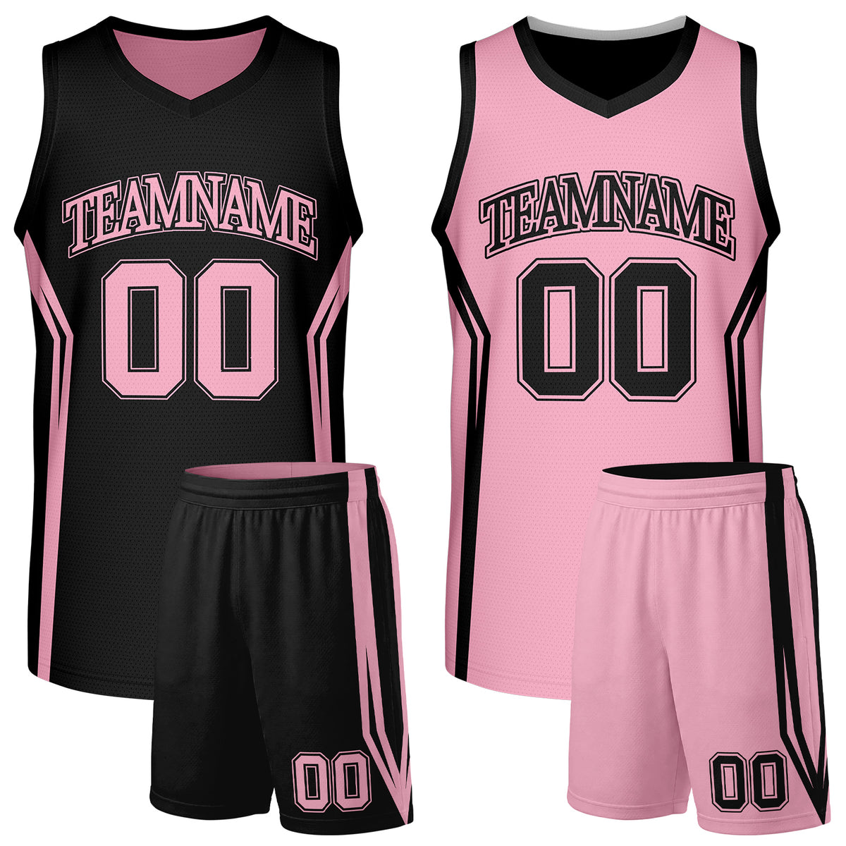 Custom Reversible Black Light Pink Girls Basketball Uniform Set With Team Name &amp; Number. Factory-Direct, Fast Shipping.
