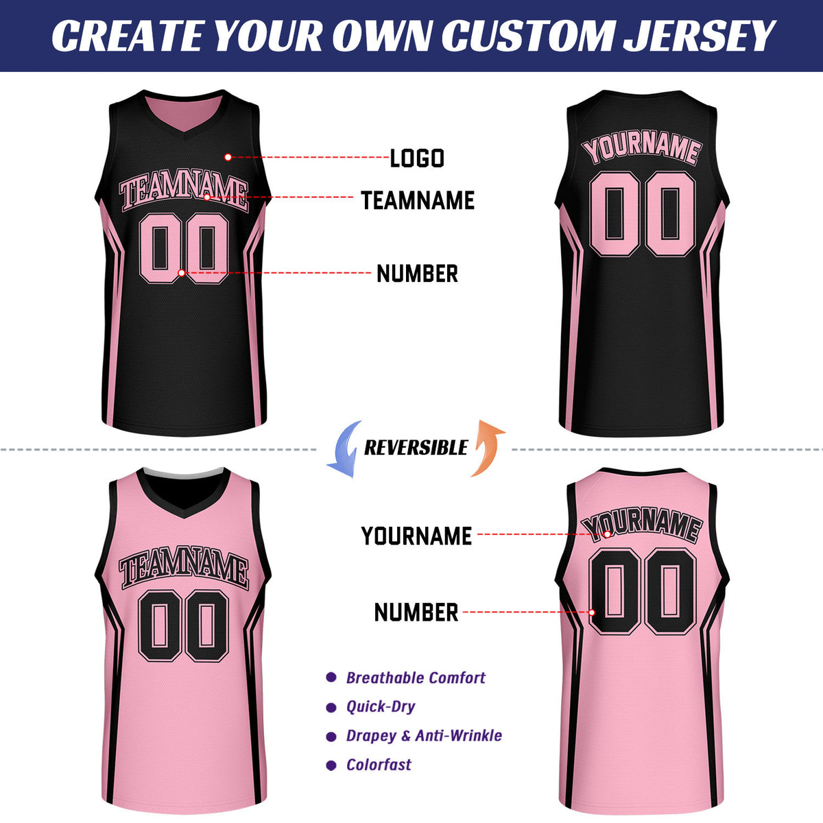 Custom Black & Light Pink Two Sided Basketball Uniform Set | Personalized Team Uniforms for Adult & Youth