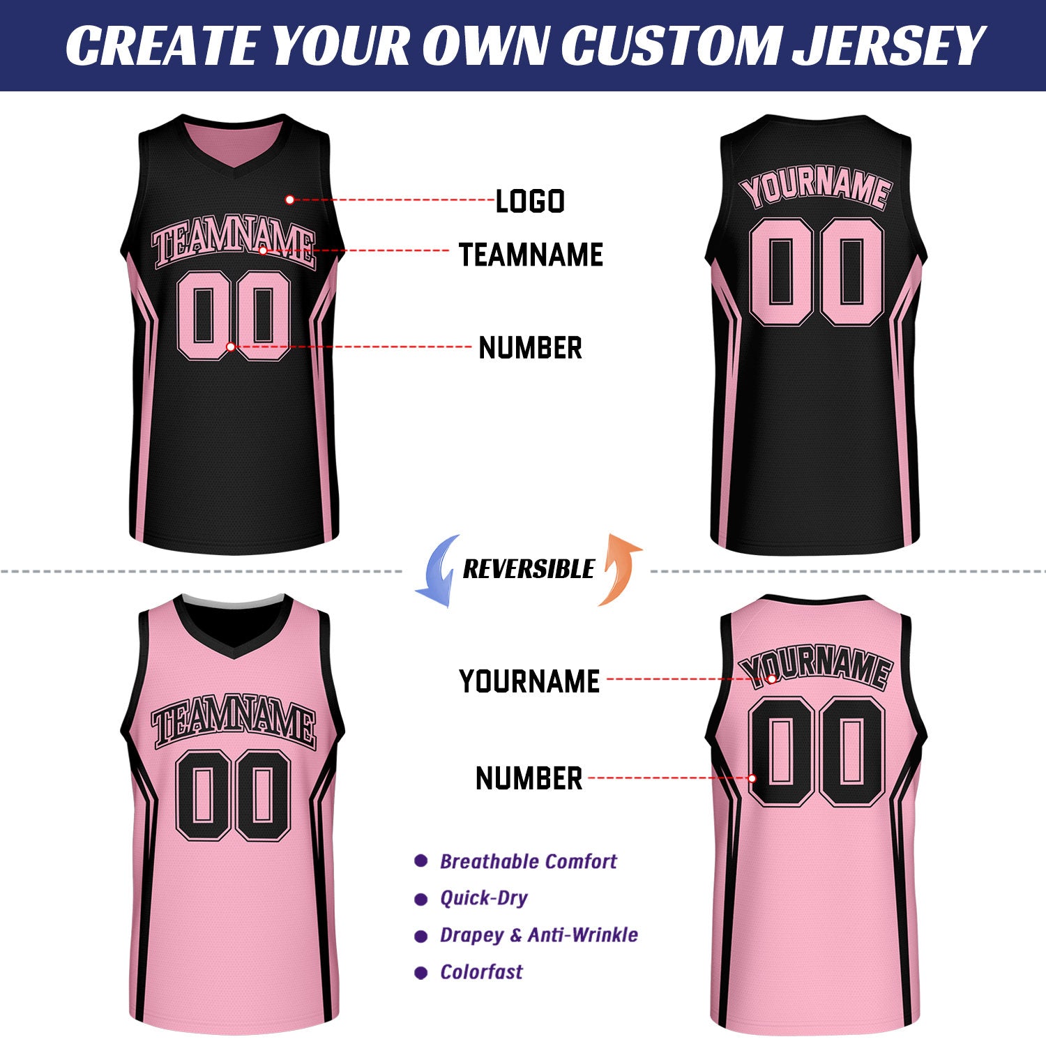 Custom Black & Light Pink Two Sided Basketball Uniform Set | Personalized Team Uniforms for Adult & Youth