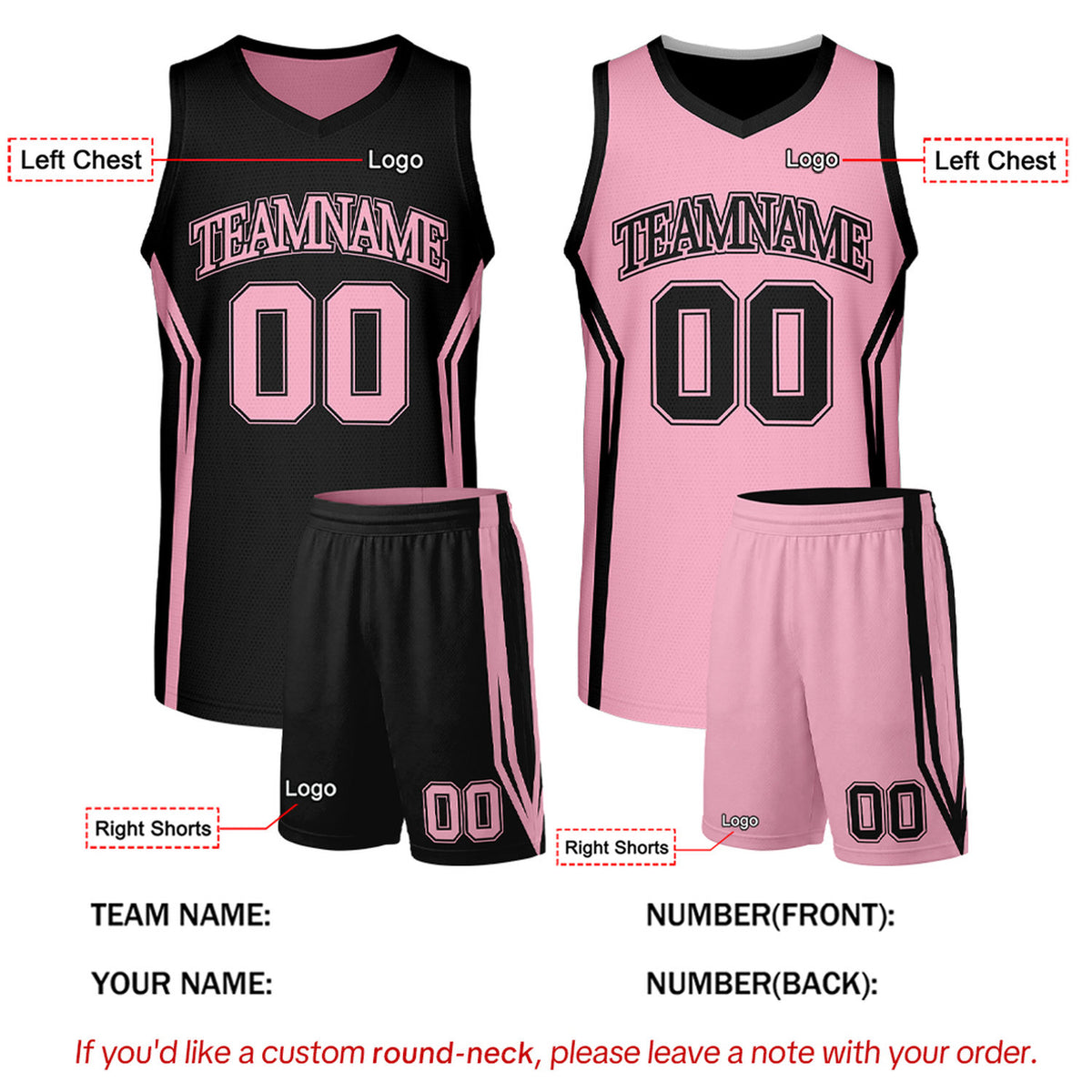 Custom Black & Light Pink Two Sided Basketball Uniform Set | Personalized Team Uniforms for Adult & Youth