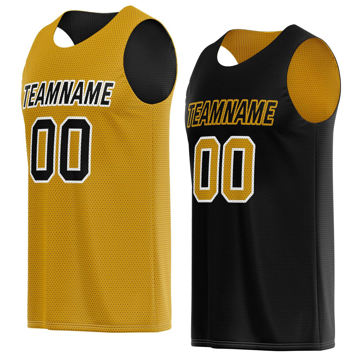 Custom reversible gold &amp; black basketball jersey, personalized team name number logo breathable mesh sports top for men women youth game practice wear - Vosoli