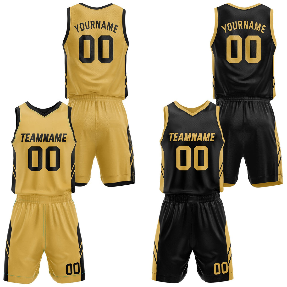 Custom Reversible Gold Black Basketball Jersey and Shorts Set, Personalized Team Name Number Breathable Mesh Uniform for Men Women Youth