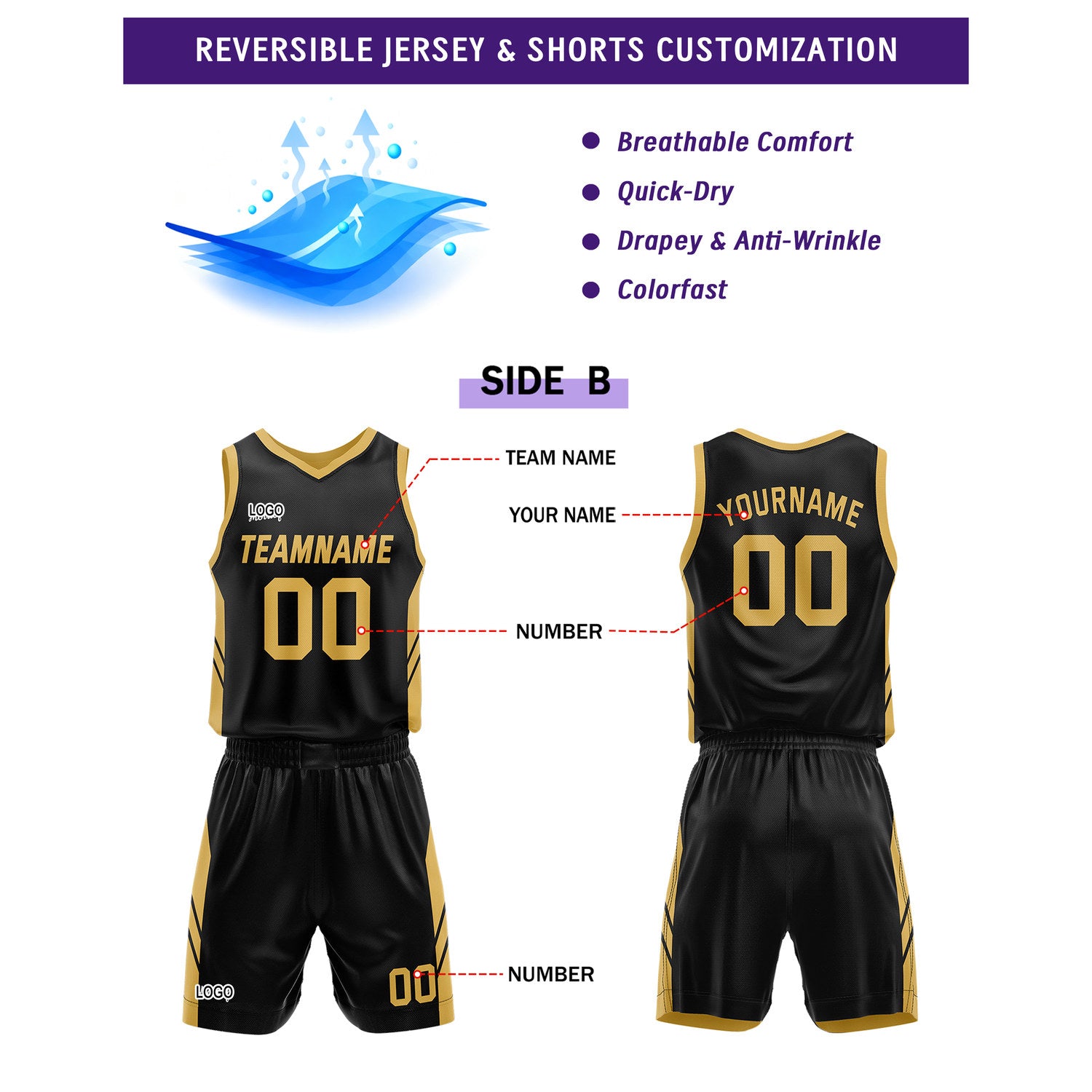 Custom Gold Black Basketball Uniforms for Youth & Adults - Reversible Jersey Set - Vosoli