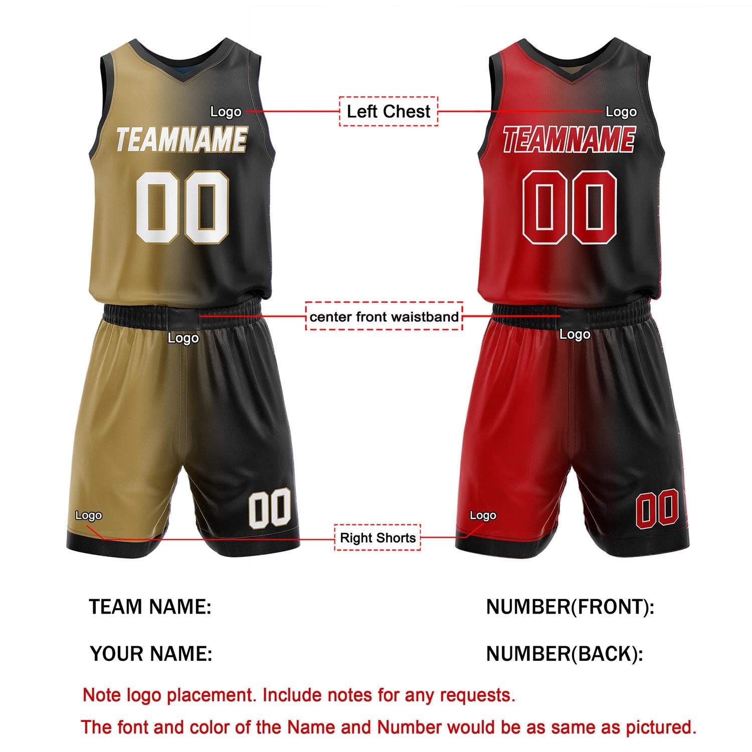 Custom Reversible Gold Black Red Basketball Uniform Set | Team & Player Name - Vosoli