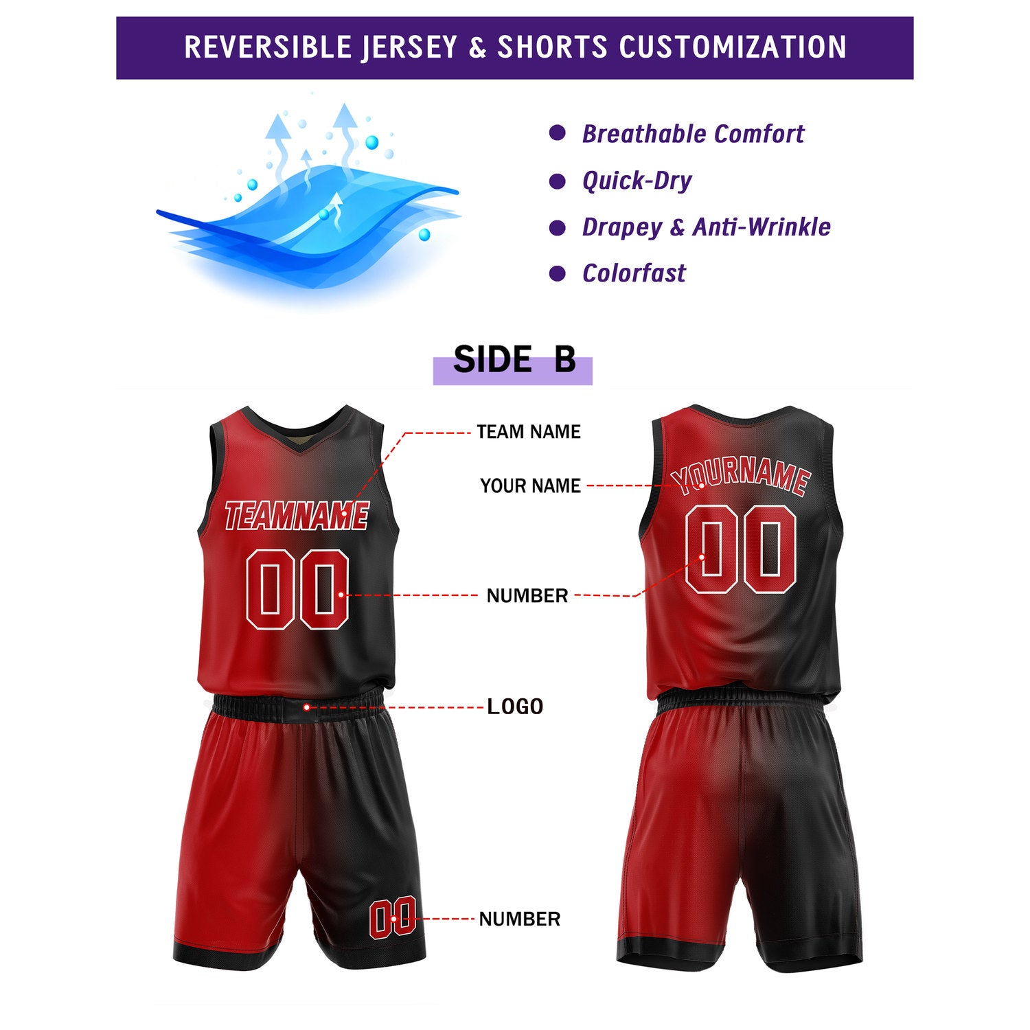 Custom Reversible Gold Black Red Basketball Uniform Set | Team & Player Name - Vosoli