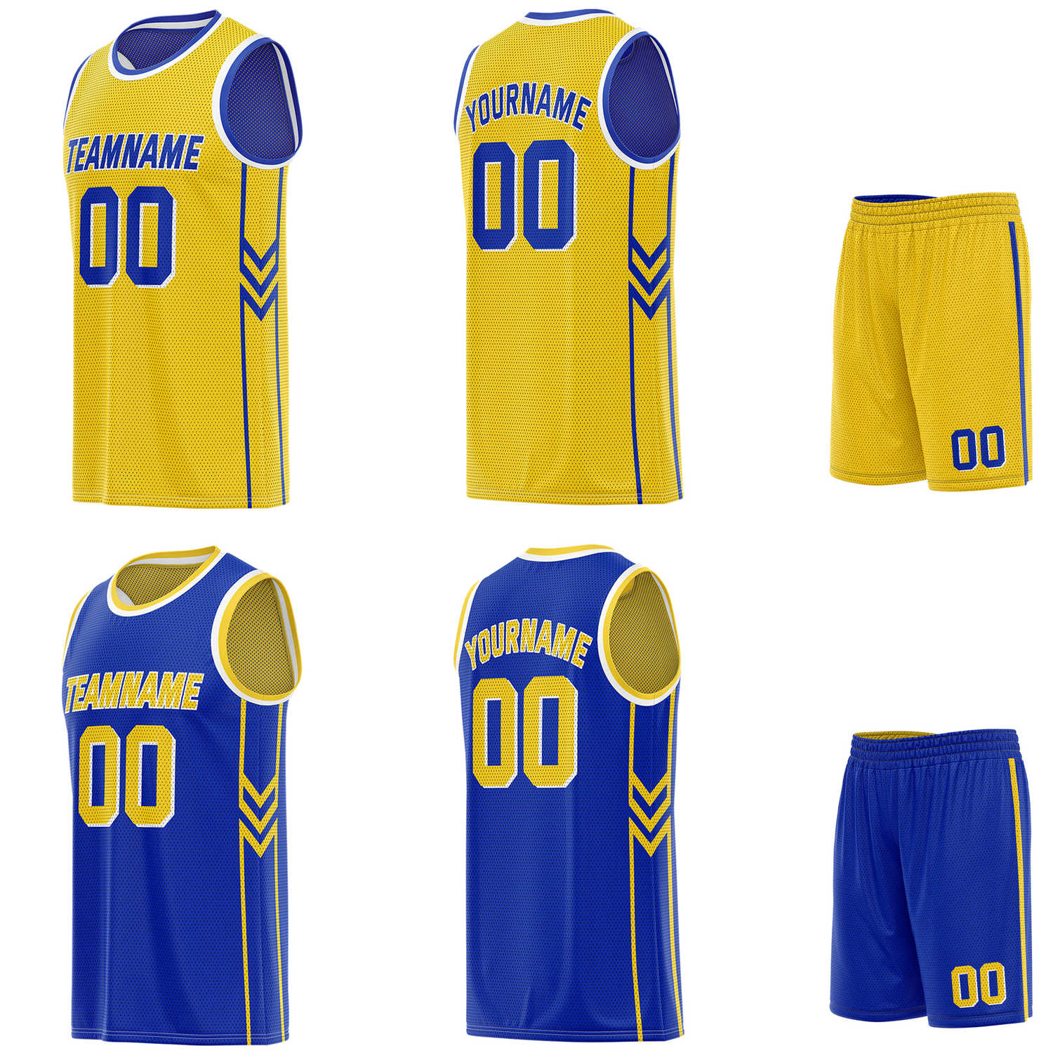 Custom reversible gold & blue basketball uniform set, personalized with team name number and logo, breathable mesh fabric for men women youth game practice - Vosoli
