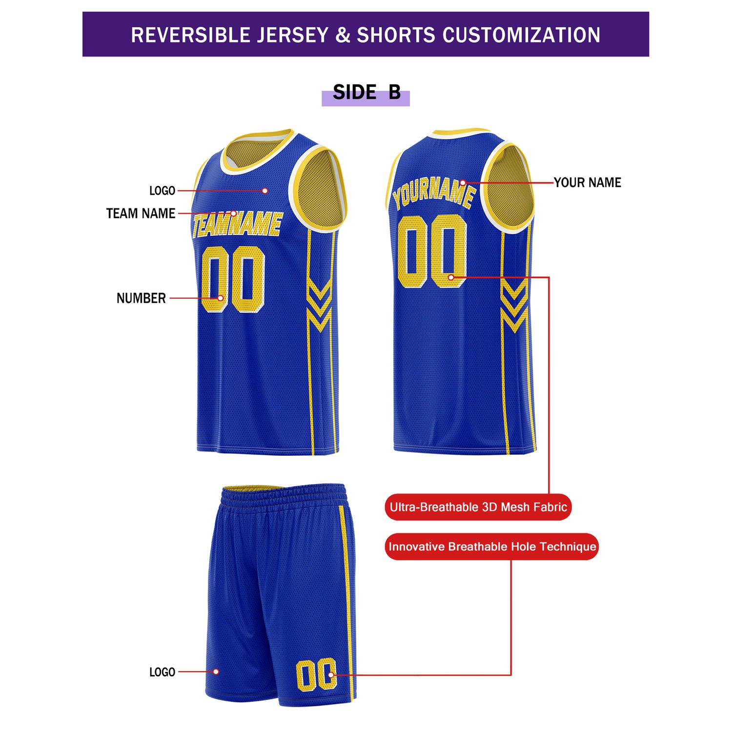 Custom Reversible Gold Blue Basketball Uniform Set | Team Name & Number - Vosoli