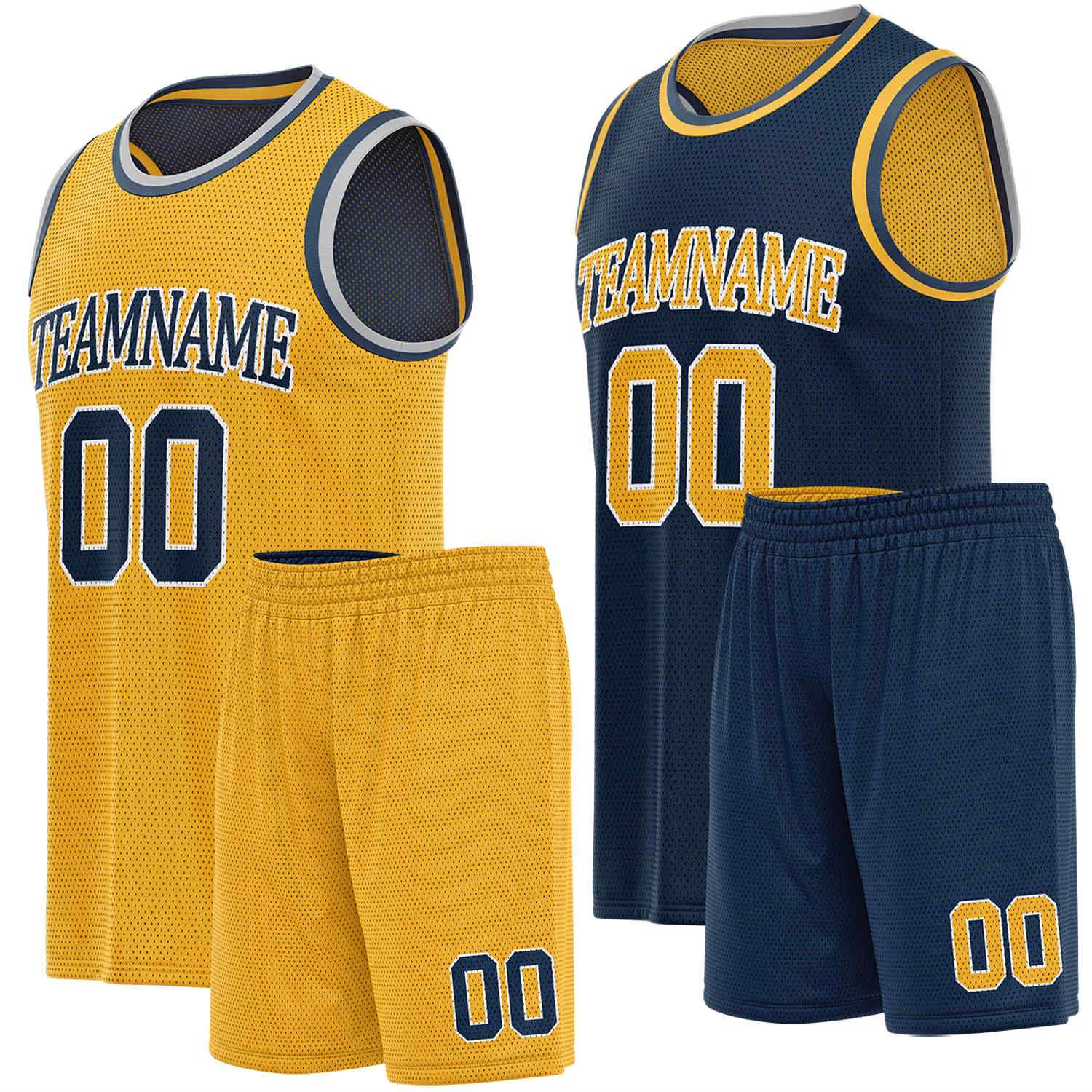 Custom reversible yellow & navy basketball uniform set, personalized team name number logo breathable mesh sports jersey and shorts for men women youth game practice - Vosoli