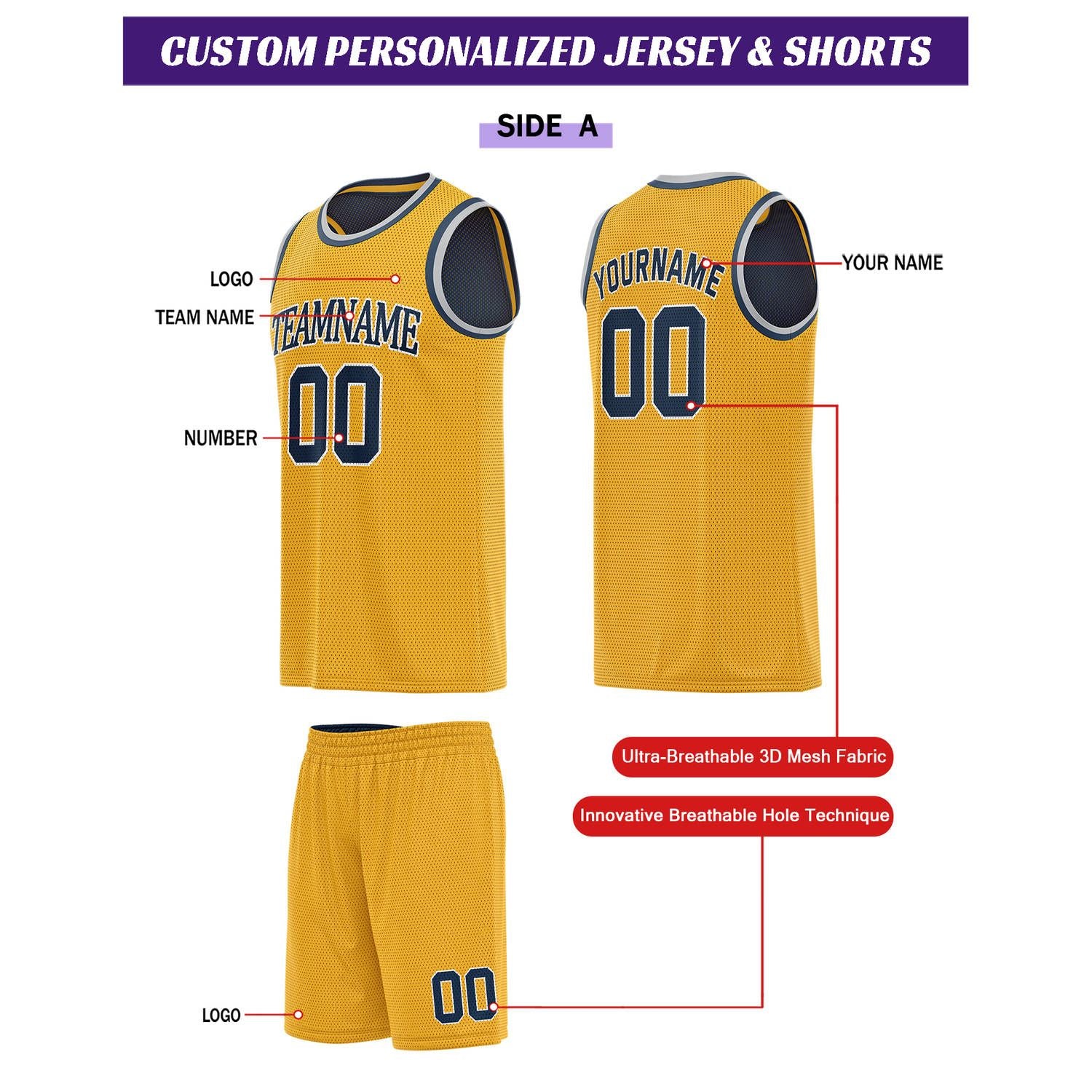 Custom Reversible Gold & Navy Basketball Uniform Set | Personalized for Team Sports Practice - Vosoli